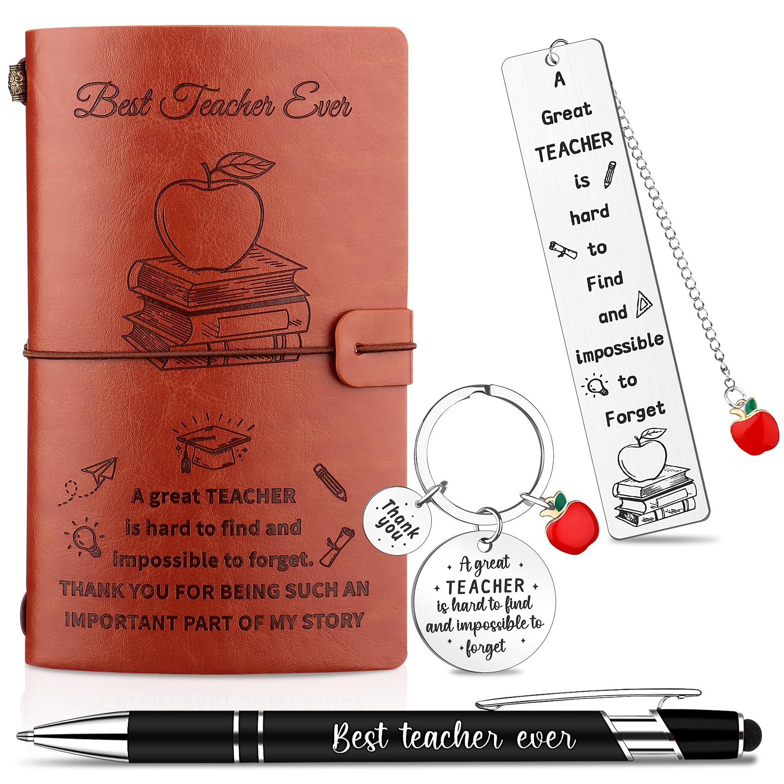 ULELE 4 Pcs Thank You Teacher Gifts Christmas Teacher Gifts for Men Best Teacher Ever Leather Journal Gifts Teacher Appreciation Keyring Bookmark Ballpoint Pen for Thanksgiving Christmas Graduation