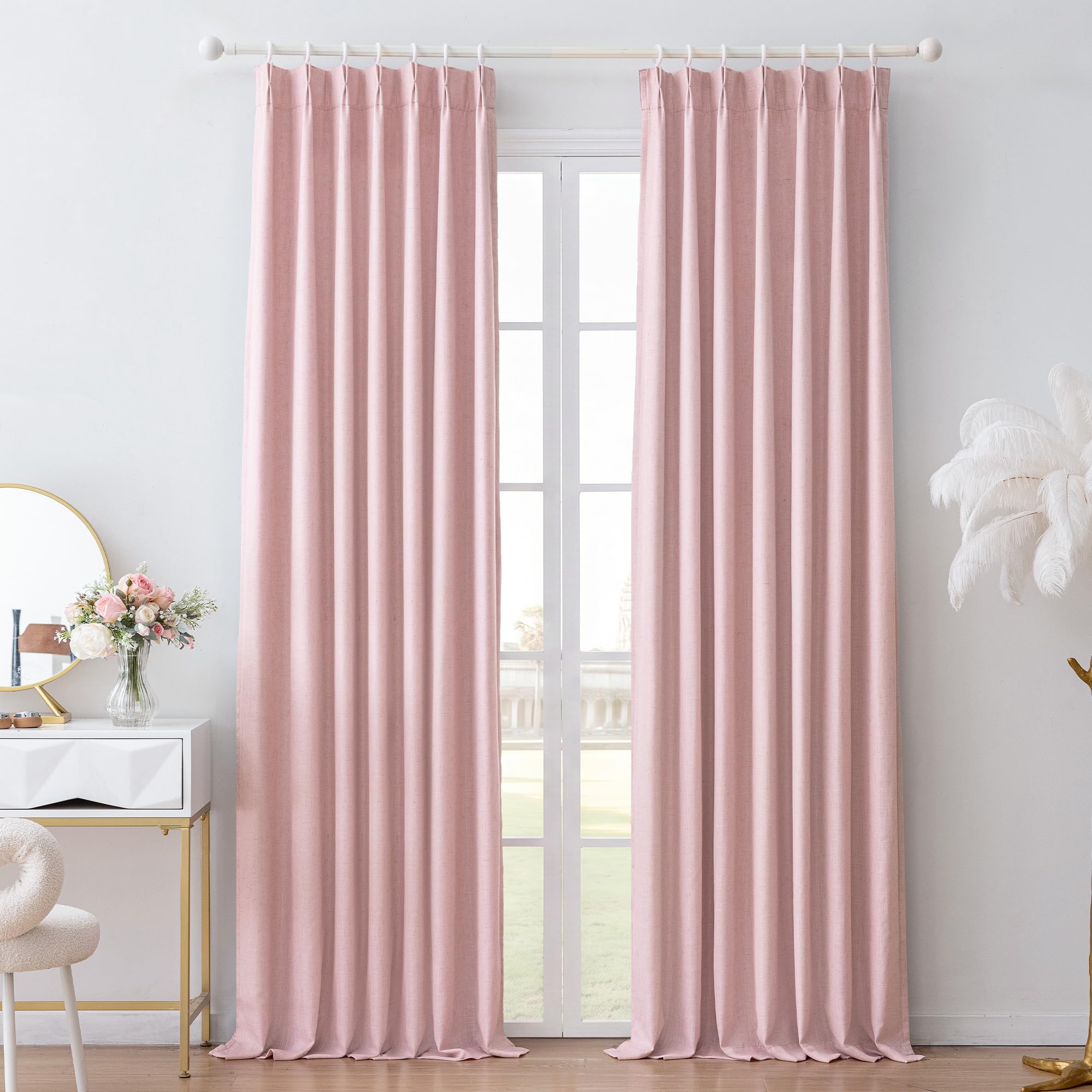 MYSKY HOME Pink Linen Pinch Pleated 100% Blackout Curtains 40x108,2 Panels