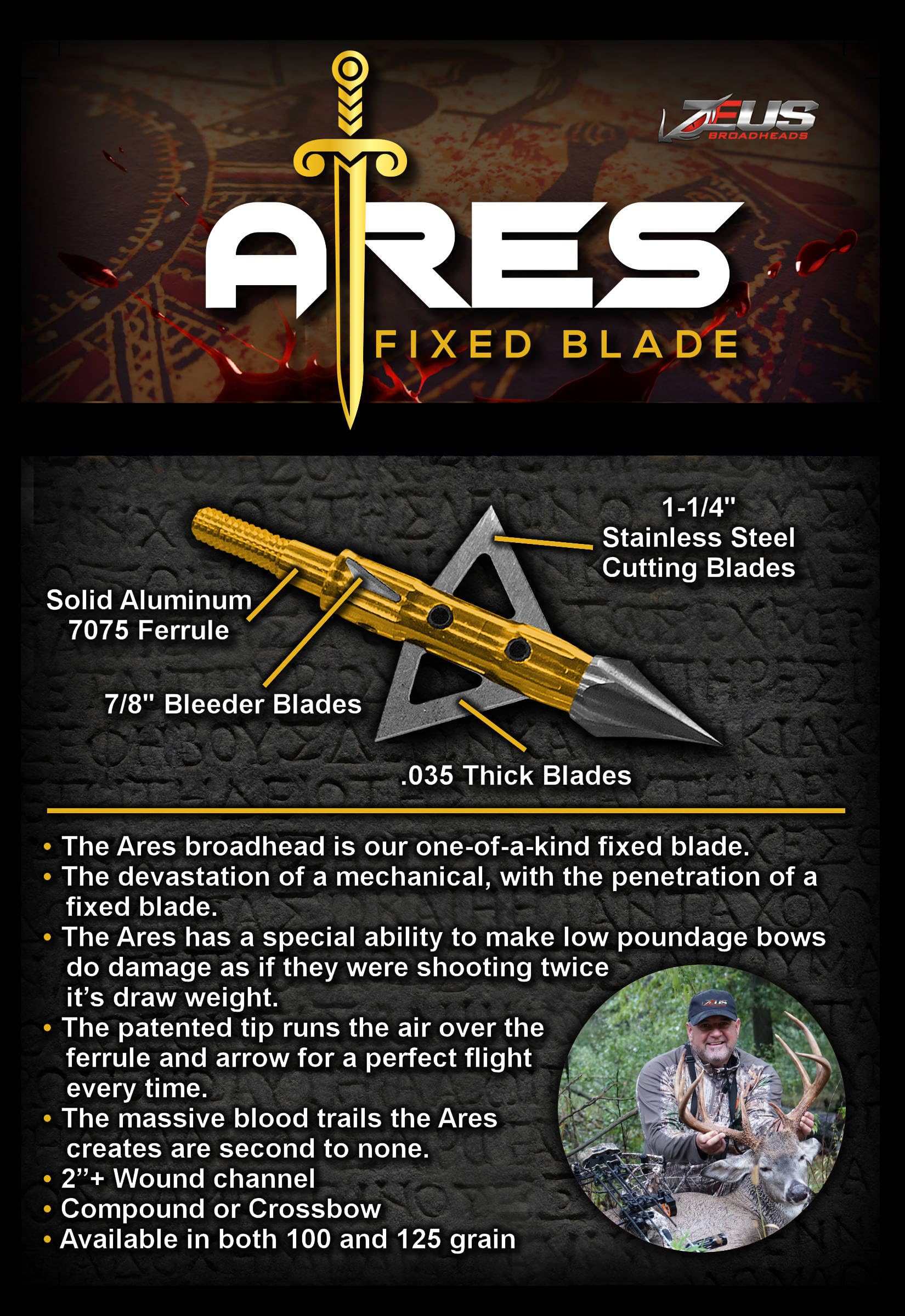 Killz Products Ares 100gr Broadhead by Zeus - 4 Blade 3 Pack of broadheads