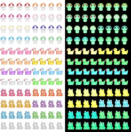 Huwena 115 Pcs Luminous Mini Figurines Include 40 Pcs Luminous Mini Resin Ducks 40 Pcs Glow in The Dark Tiny Mushroom Bulk and 35 Pcs Glow in The Dark Frog Miniatures for Home and Garden Decor