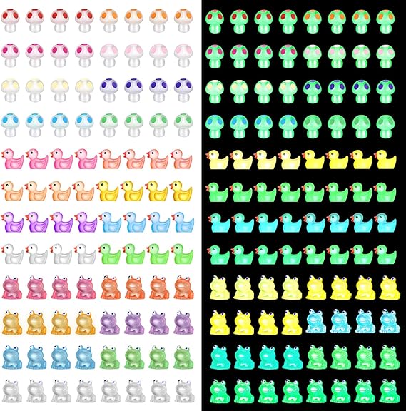 Huwena 115 Pcs Luminous Mini Figurines Include 40 Pcs Luminous Mini Resin Ducks 40 Pcs Glow in The Dark Tiny Mushroom Bulk and 35 Pcs Glow in The Dark Frog Miniatures for Home and Garden Decor
