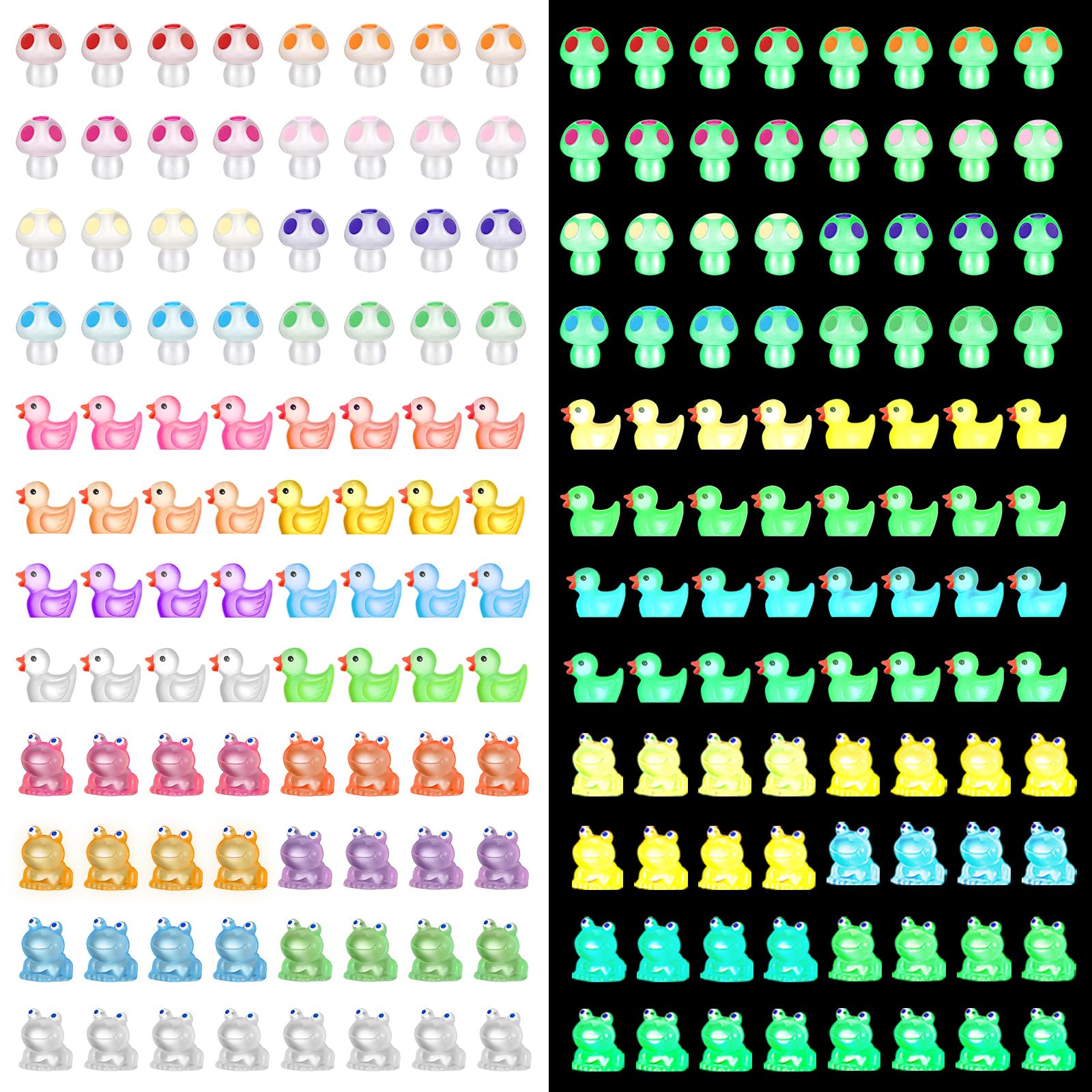 Huwena 115 Pcs Luminous Mini Figurines Include 40 Pcs Luminous Mini Resin Ducks 40 Pcs Glow in The Dark Tiny Mushroom Bulk and 35 Pcs Glow in The Dark Frog Miniatures for DIY Garden Dollhouse