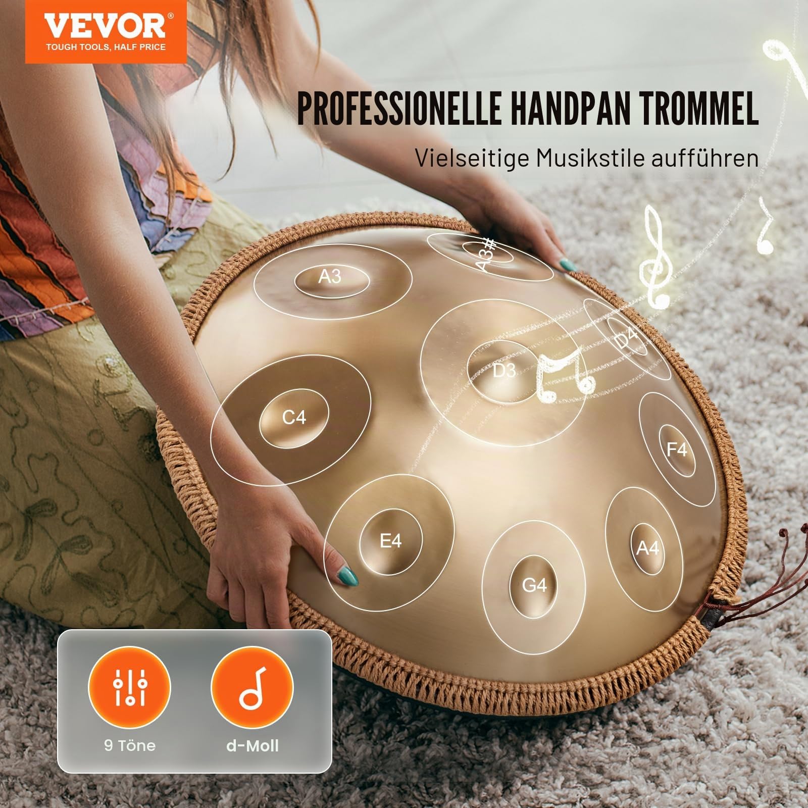 VEVOR Handpan, 55 cm, 9 Noten, D-Moll-Handtrommel, Drum-Instrument mit Schlägeln, 440-Hz-Handpan-Ständer & Tragetasche, Heilende Klangtrommel aus Stahl, Schlaginstrumente für Erwachsene & Anfänger