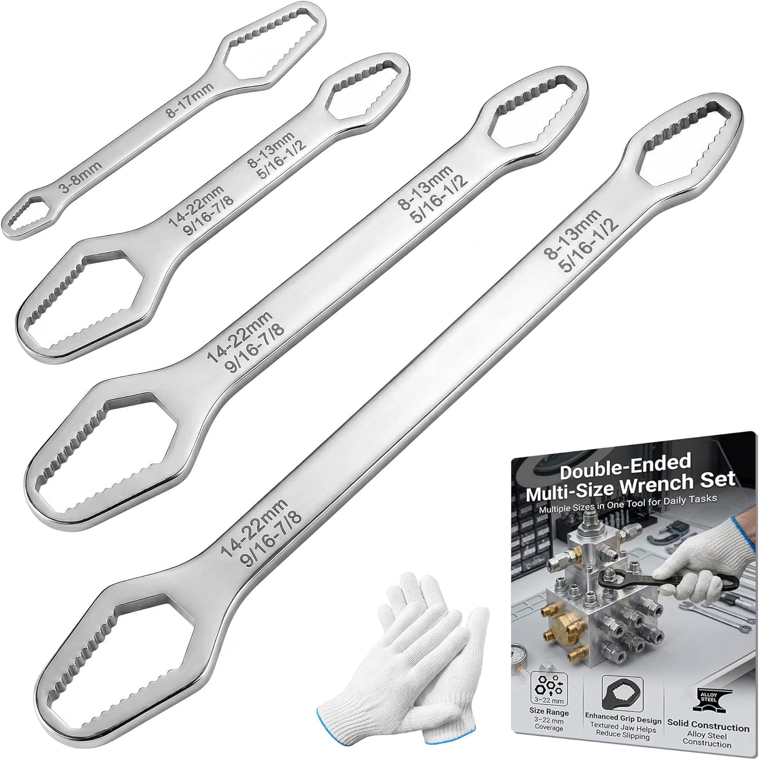 Self Adjusting Universal Wrench Set, Locking Multifunctional 3-24mm Tool, Double Ended Design for Shower Heads, Car Repair and Torx Fasteners, One Tool for Home and Garage (4 Silver)
