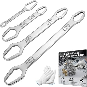 Self Adjusting Universal Wrench Set, Locking Multifunctional 3-24mm Tool, Double Ended Design for Shower Heads, Car Repair and Torx Fasteners, One Tool for Home and Garage 4 Silver