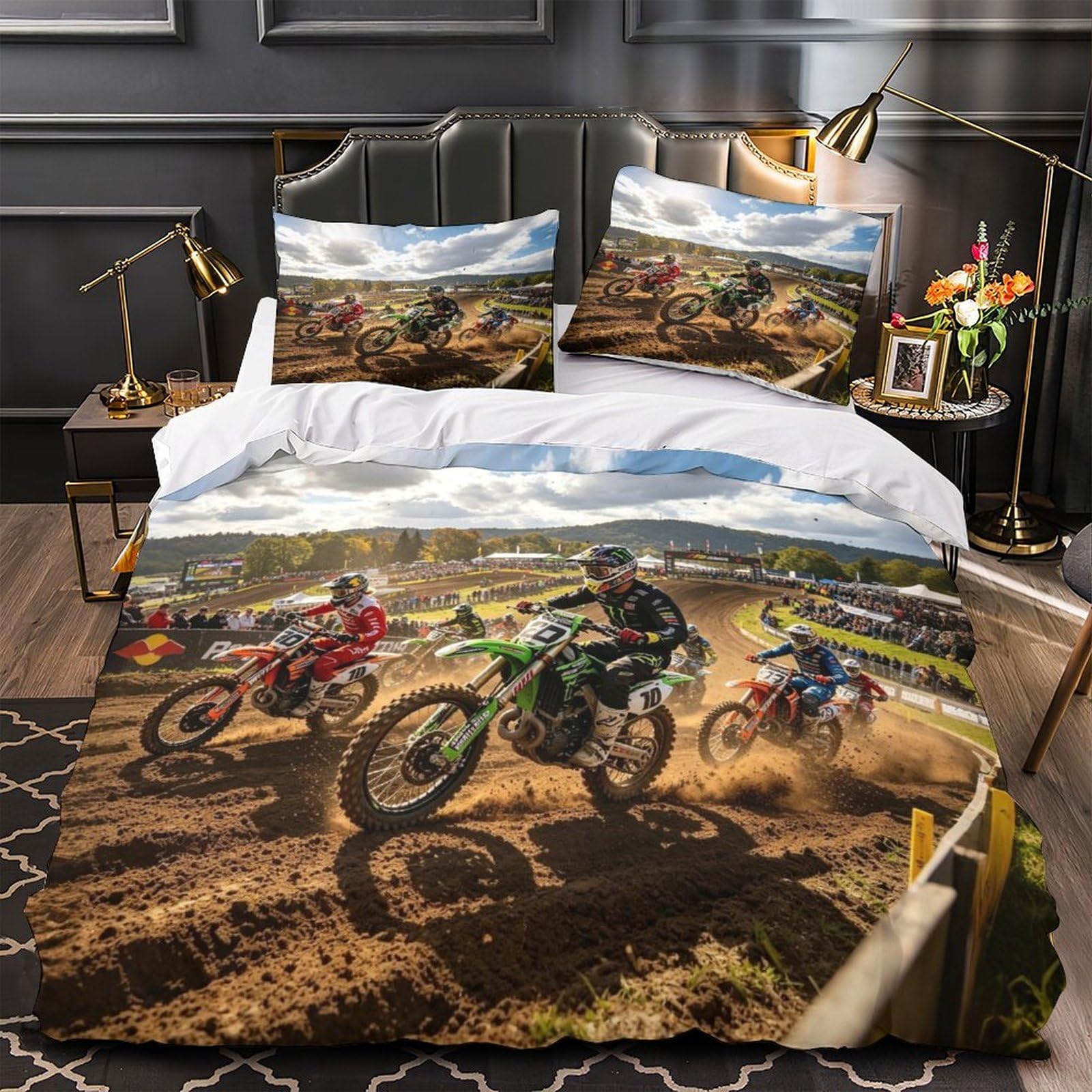 DAFUfbw 3D Printed Dirt Bike Bedding Set King（220x240cm）, Comforter Cover with Hidden Zipper, Microfiber Motorcycle Race Pattern Duvet Cover with Pillowcase
