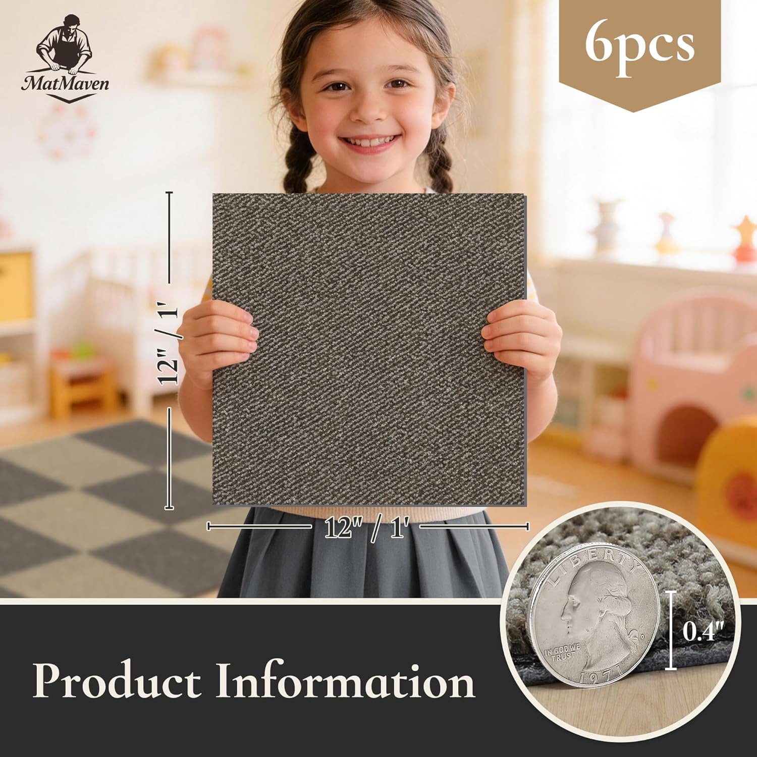 Area Rugs for Kitchen,Living Room,6 Pieces 12"x12" Super Absorbent and DIY Square Carpet,Non Slip Machine Washable Rug,Soft Indoor Floor Carpet for Bedroom,Office,Sink,Laundry,Taupe