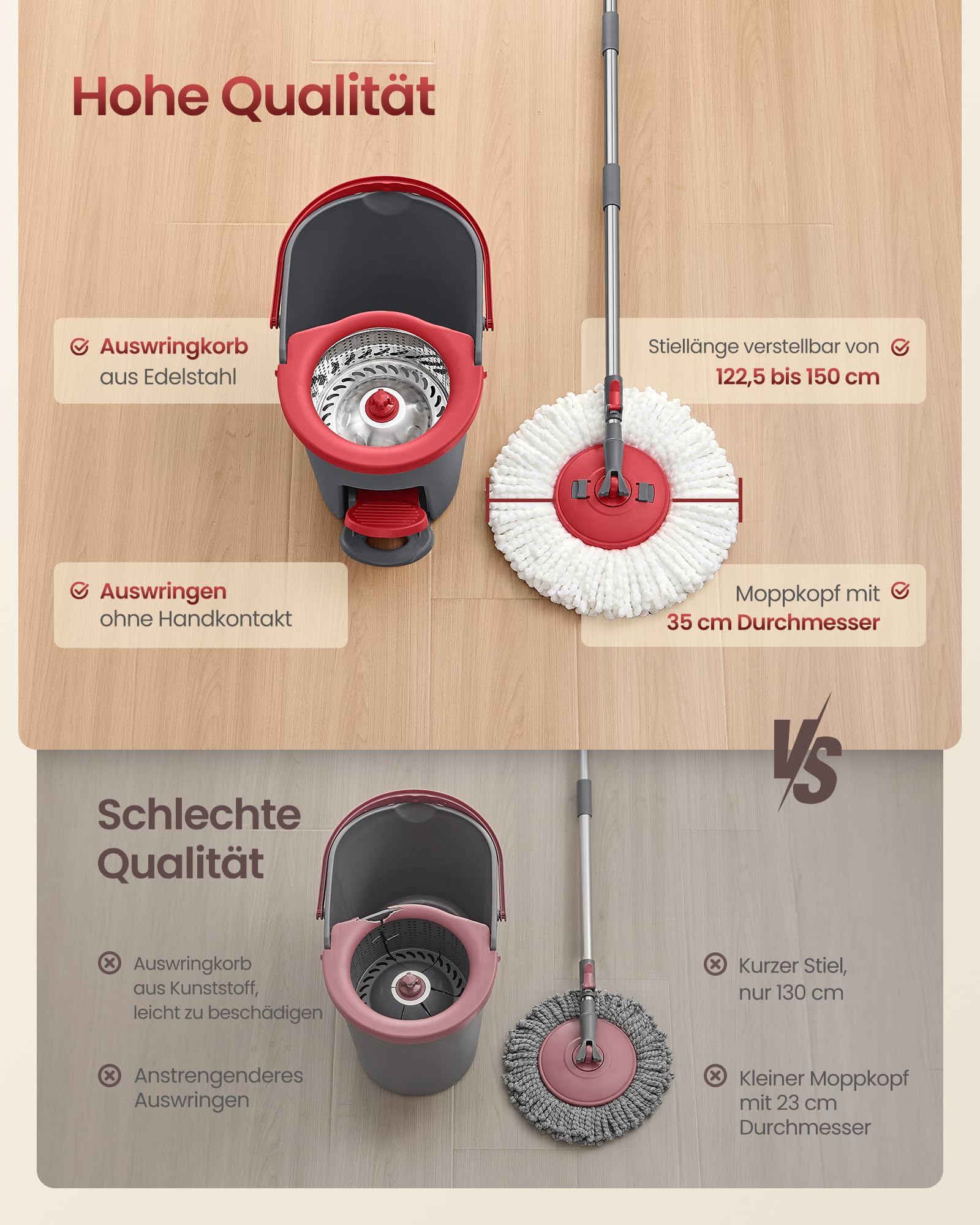 SONGMICS Wischmopp-Set mit Eimer, Bodenwischer mit Schleuder, Putzeimer mit Pedal und Auswringfunktion, Teleskopstiel 122,5-150 cm, 360°-Drehkopf, 3 Mikrofaserbezüge, grau-rot LMB002GT03