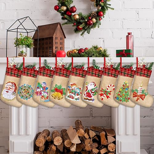 9 juegos de calcetines de pintura de diamantes de Navidad 5D de Navidad, arte de diamantes de Navidad, muñeco de nieve, Papá Noel, árbol de Navidad,