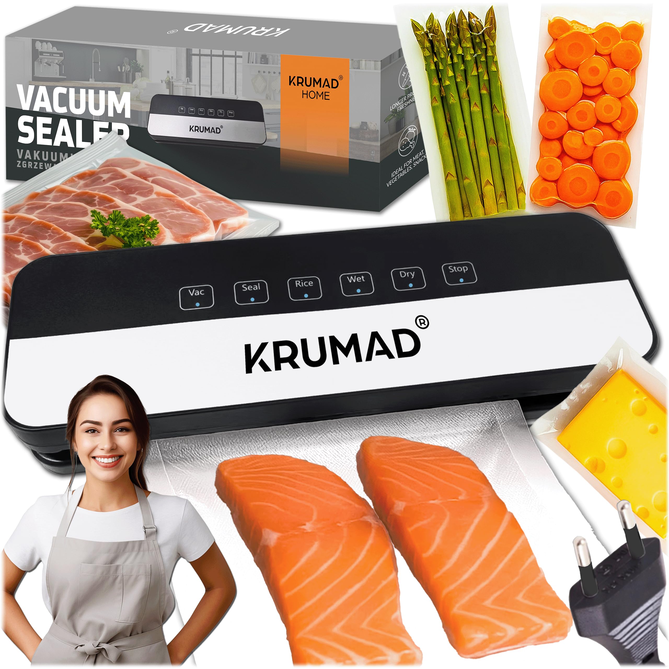 KRUMAD Vakuumiergerät 65kPa/130W Inkl. 10 Vakuumierer Beutel 25x20cm, 5 Modi, mit 30cm Schweißnaht, Vakuumierer für Lebensmittel, Folienschweißgerät, Für Trockene & Feuchte Lebensmittel