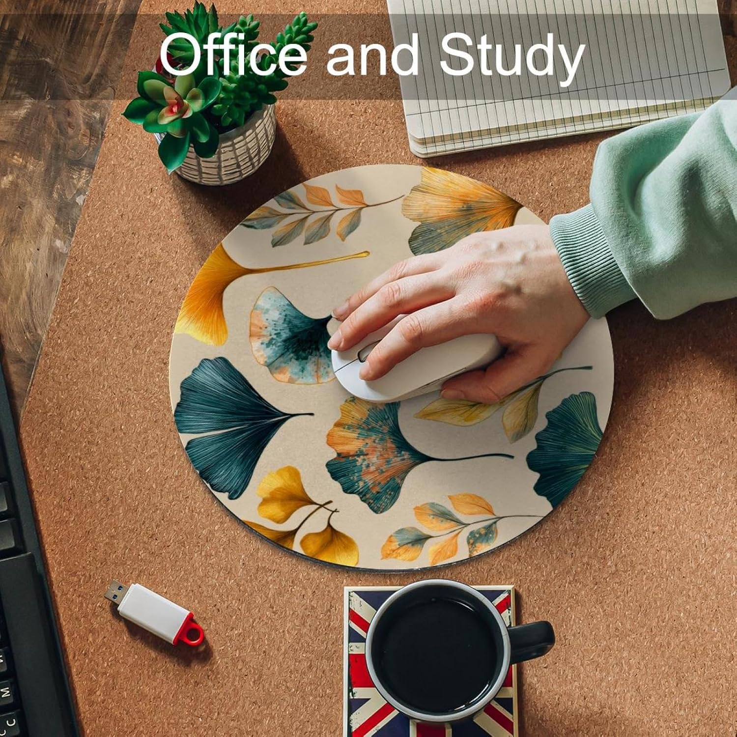 Round Mouse Pad for Women Men, 10’’ Round Desk Pad Mousepad Non-Slip Rubber Base, Office Home Laptop Accessories, Green and Yellow Ginko Leaf Pattern image 5