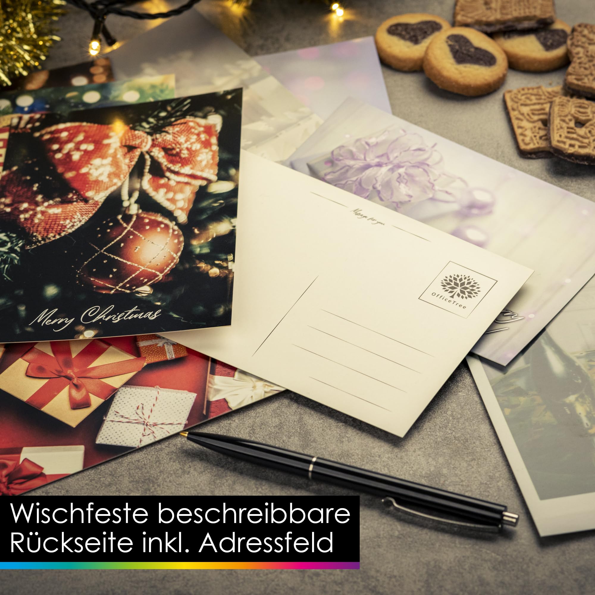 OfficeTree Weihnachtspostkarten-Set – 25 Karten + 5 Umschläge, Englische & Spanische Sprüche, 350g/m² Papier