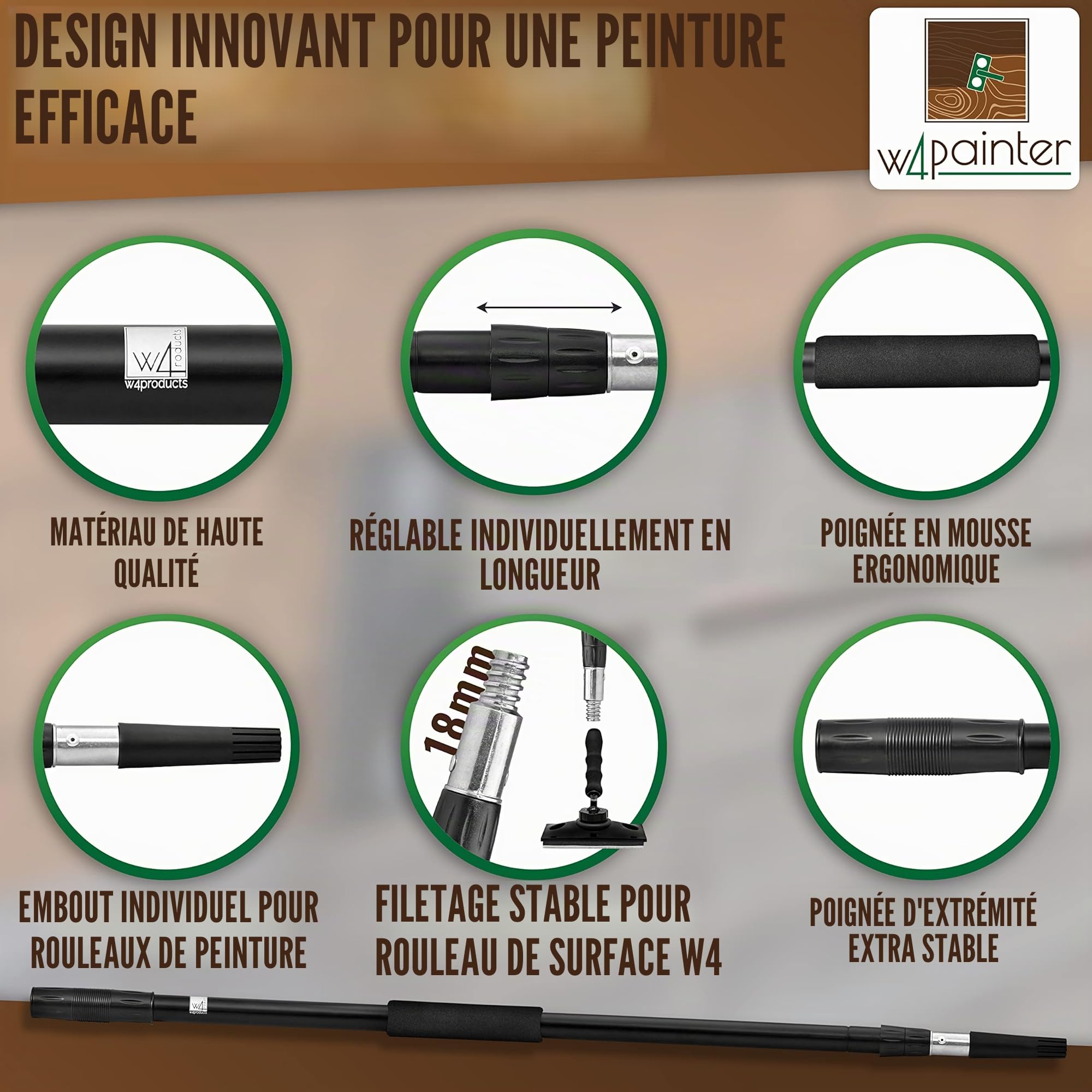 Manche télescopique 3m - Manche télescopique universel - Manche télescopique en aluminium extensible - Idéal pour le nettoyage des piscines, les rouleaux de peinture, le nettoyage des vitres, W4