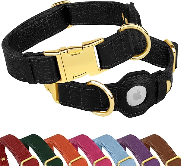 Leather Airtag Dog Collar - Soft Tracking Dog Collar with Apple AirTag Holder and Metal Buckle - Safety GPS Pet Collars for Small Medium Large Dogs Puppy Pink Red (Black, M, 14"-18" Neck Fit)