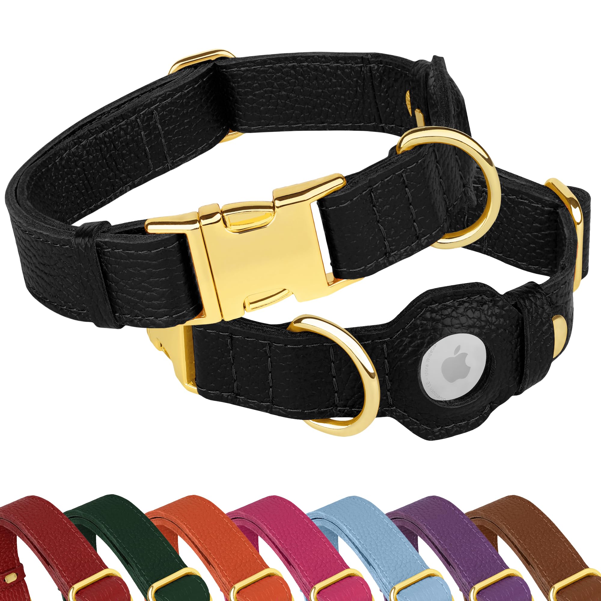 Collier AirTag pour chien en cuir noir avec support de suivi GPS sécurisé pour grand chien