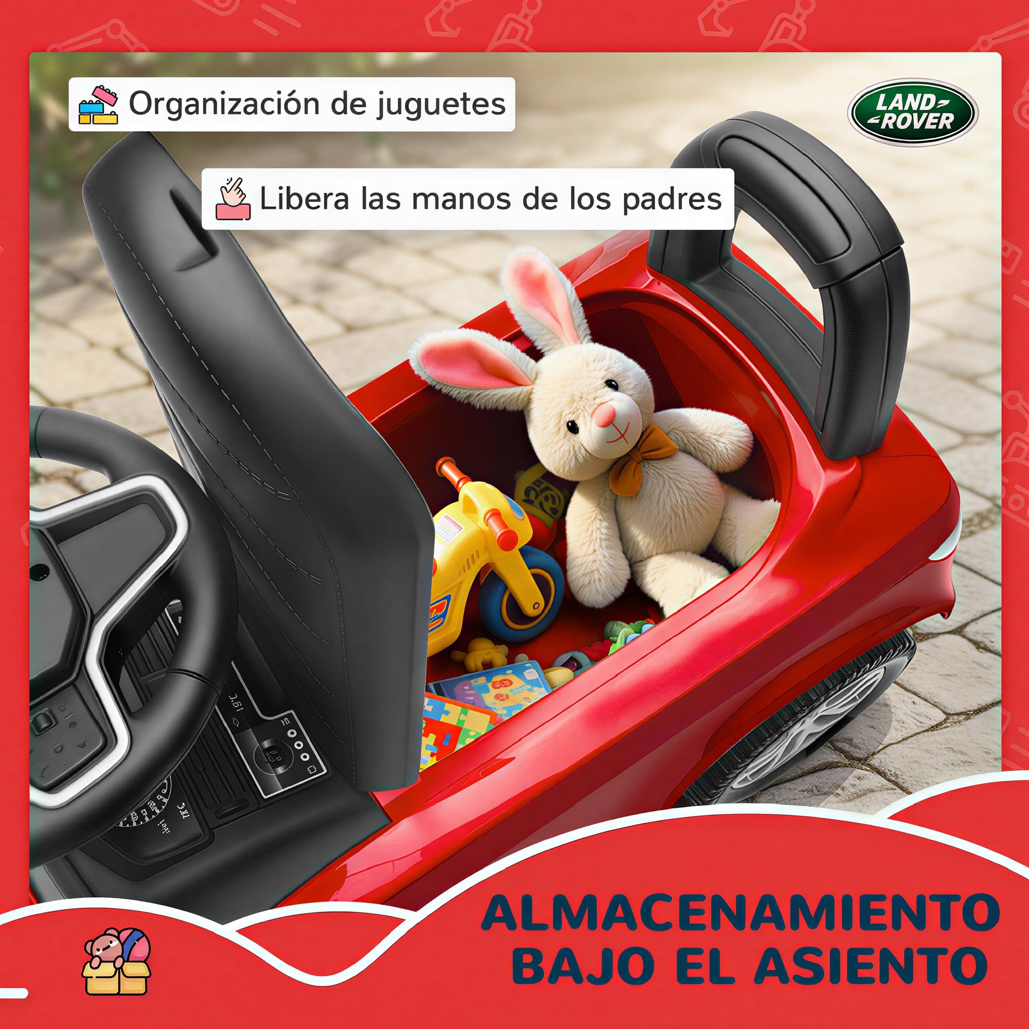 AIYAPLAY Coche Correpasillos con Licencia de Land Rover, Correpasillos para Niños de 18-36 Meses con Almacenaje, Volante, Bocina, Sonidos de Motor, 65,5x28x42 cm, Rojo