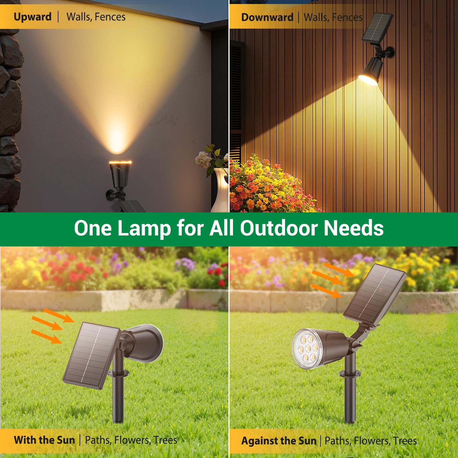 Luci solari impermeabili per esterni: confezione da 2 faretti regolabili – fino a 15 ore di luce esterna a lunga durata – 2 in 1 LED luminosi per esterni per giardino, cortile, sentiero, albero