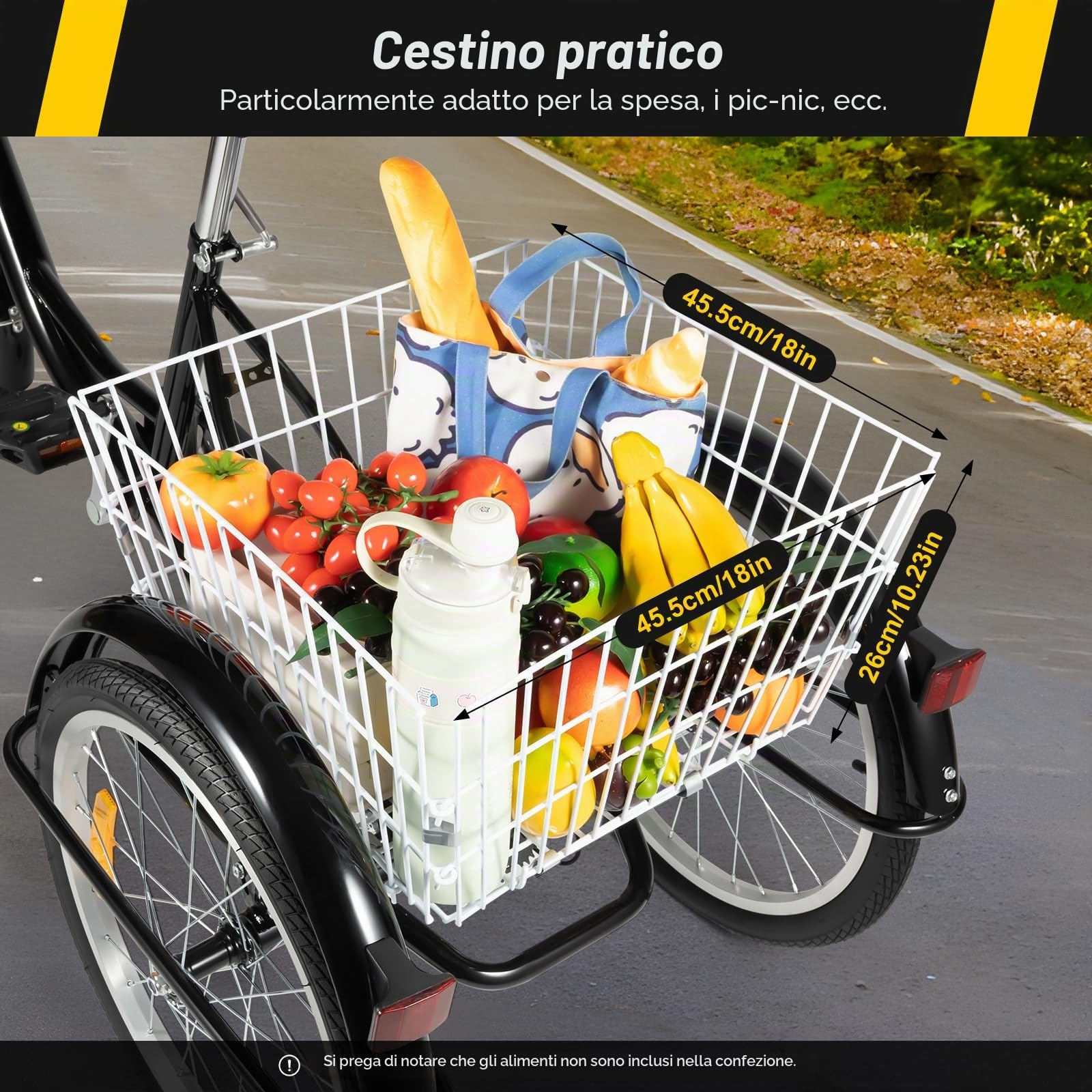 Triciclo per adulti a 8 marce, 20 pollici, con 3 ruote e grande cestino, di alta qualità, nero e bianco, adatto per shopping, viaggi, turismo