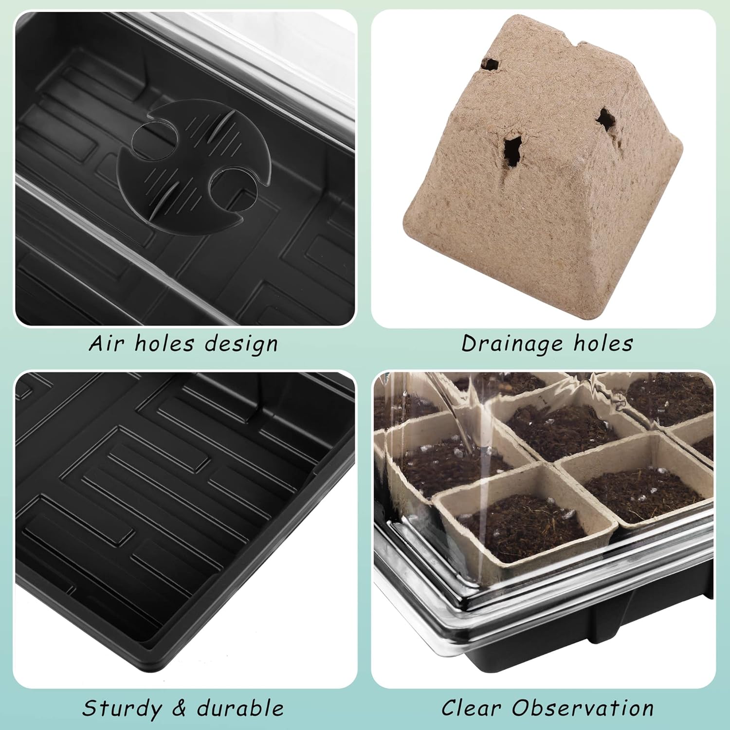 Hahood 4 Pack Seed Starter Tray Kit, 120 Square Seed Peat Pots for Seedlings with Plants Labels, Planting Tools, Plastic Growing Germination Trays with Lids for Indoor Outdoor Gardening, Black