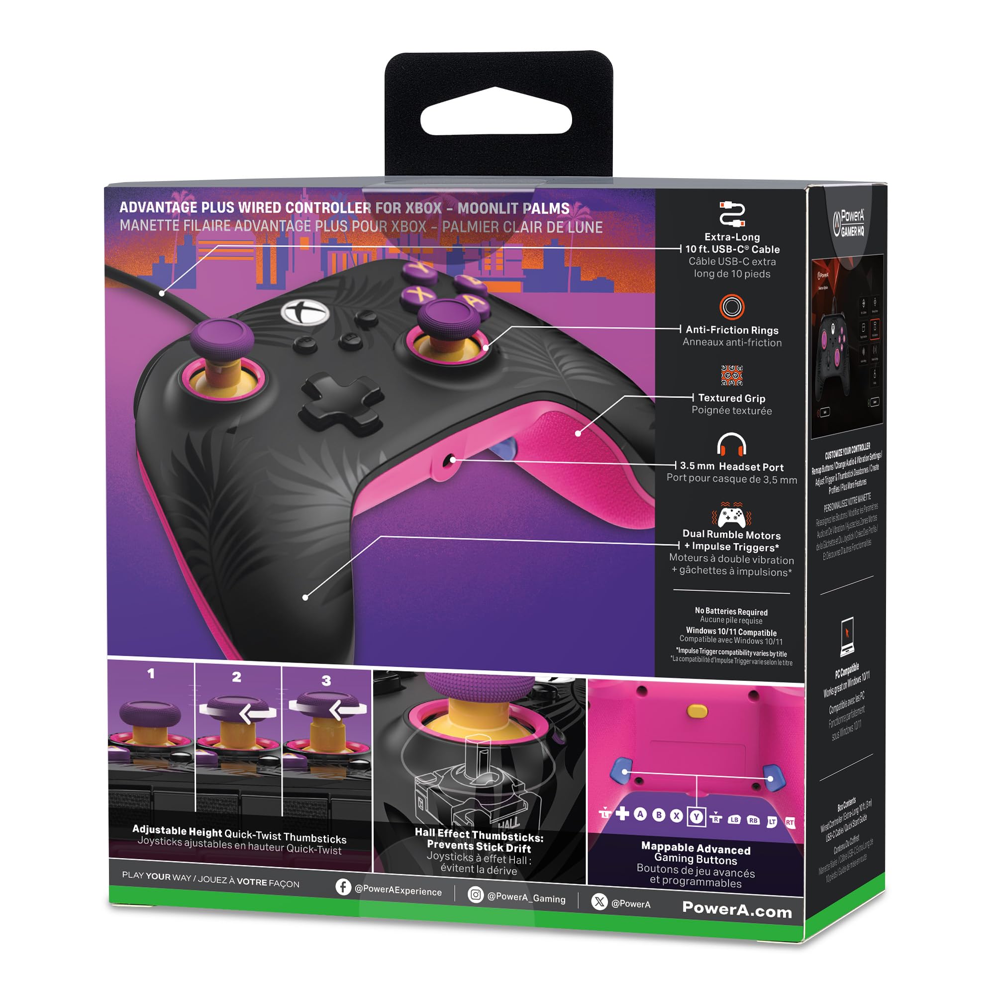 Kontroler przewodowy PowerA Advantage Plus do Xbox Series X|S - Księżycowe palmy, oficjalna licencja, regulowane drążki, drążki z efektem Halla, mapowalne przyciski, Xbox One i Windows 10/11