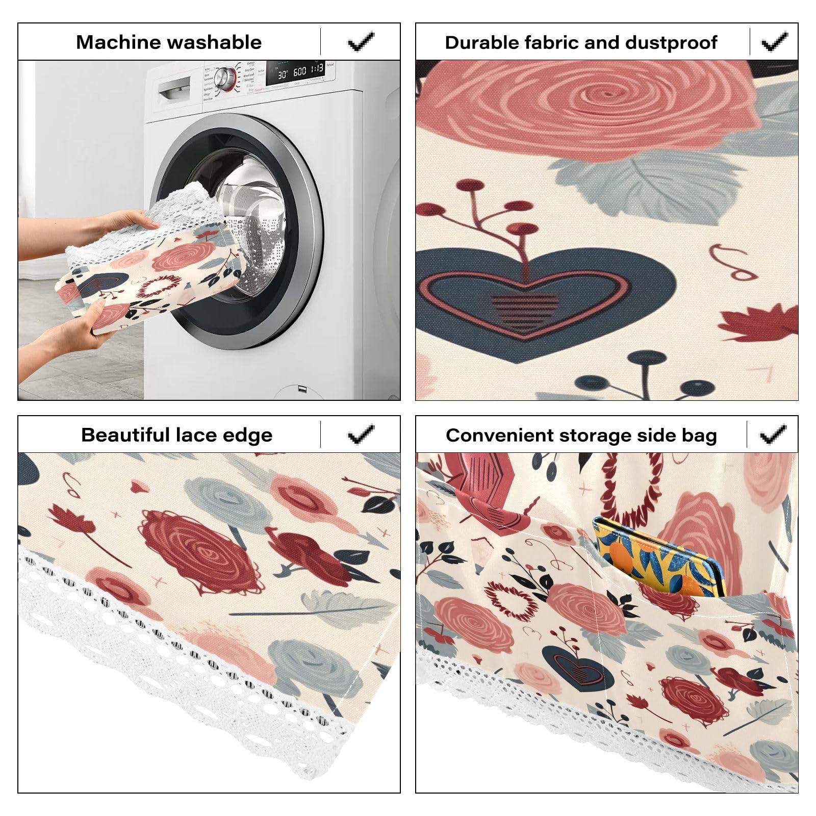 BOESI Doodle Hearts and Floral Pattern Washer and Dryer Cover, 51.2x22in Refrigerator Dust Cover, Appliance Non-Slip Protective Cover Fabric with 4 Storage Bags