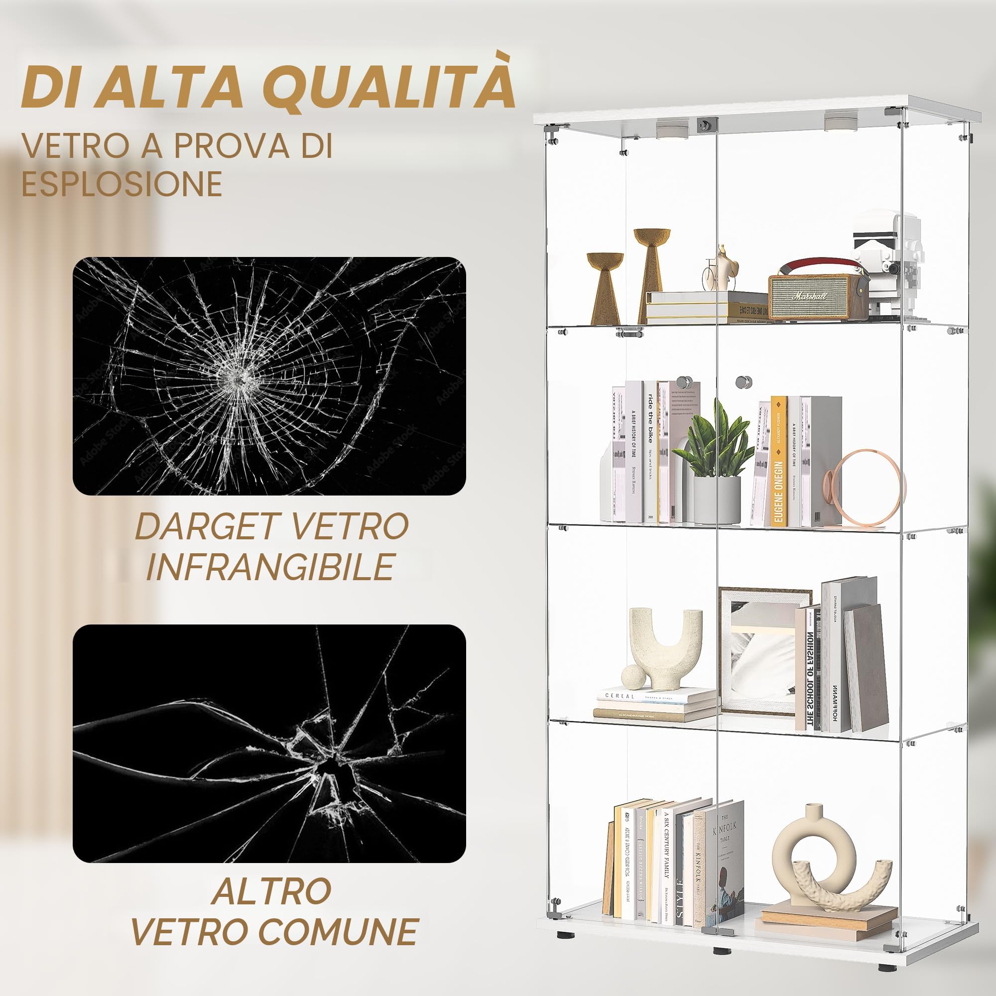 Vetrina in vetro con LED, armadio vetrina da collezione, 2 ante a serratura, 4 ripiani e fondo specchio, 164 x 80,5 x 36,5 cm, bianco