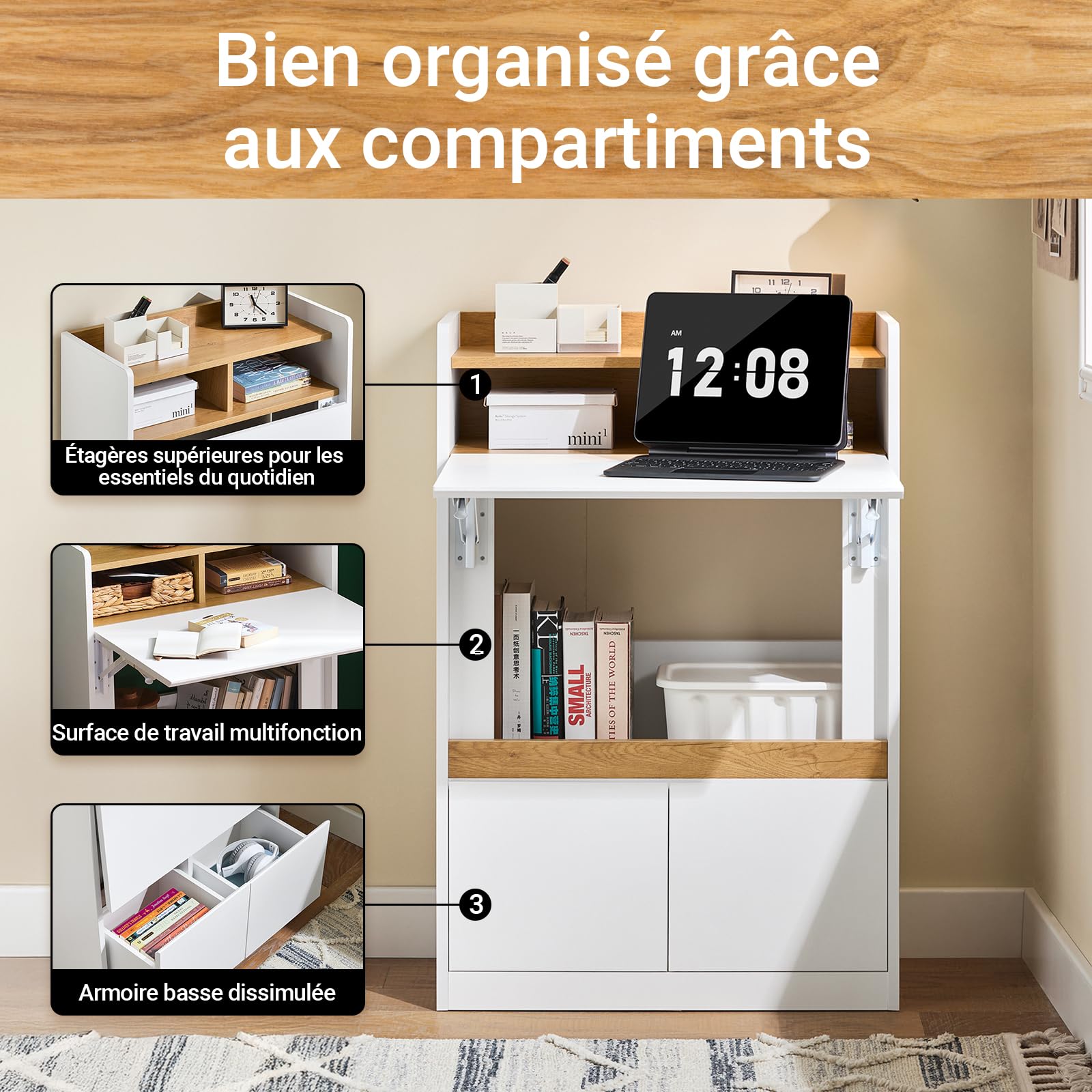SoBuy Bureau Pliable avec 3 Étagères et 2 Tiroirs 63x67x93cm Bureau