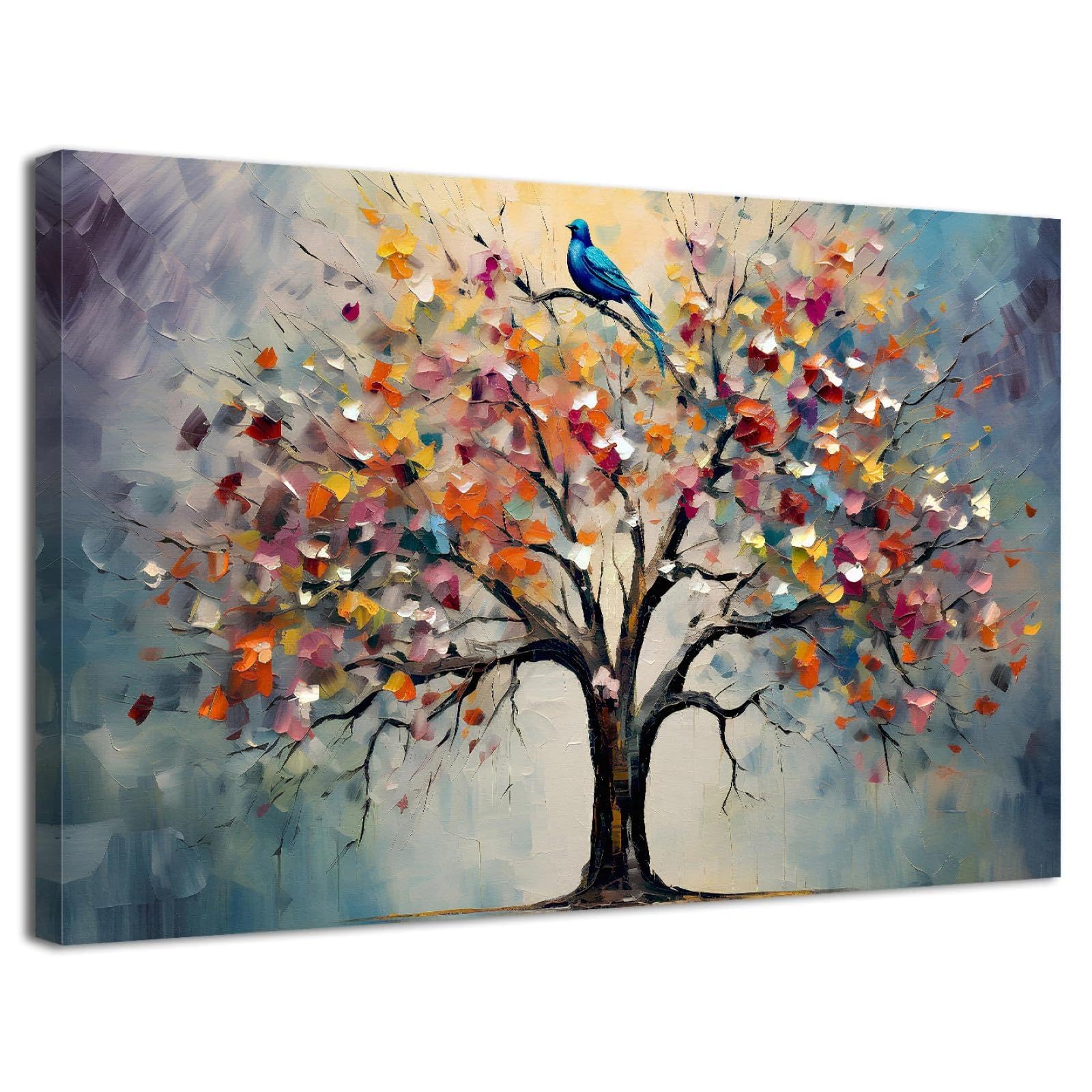 JACBON Colourful Tree of Life Wall Art for Living Room Decor Abstract Blossom Tree Painting Picture Nature Floral Canvas Print 60x90cm（24x35inch InternalFrame