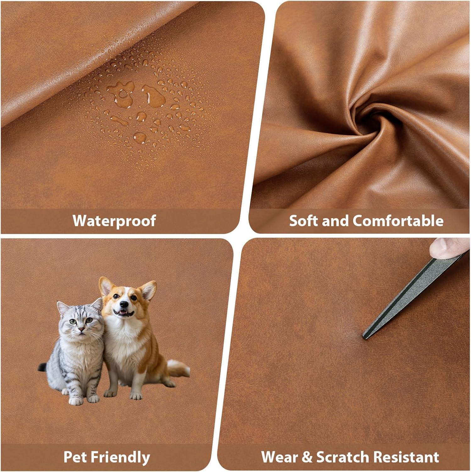 Faux Leather Vinyl Upholstery Fabric by The Yard, 1.3mm Thick Soft Anti-Scratch Durable Marine Vinyl Fabric Synthetic Leather for Sofa Bags Chairs Car Seats DIY Crafts, 3 Yards Cut 55" x 108" (Brown)
