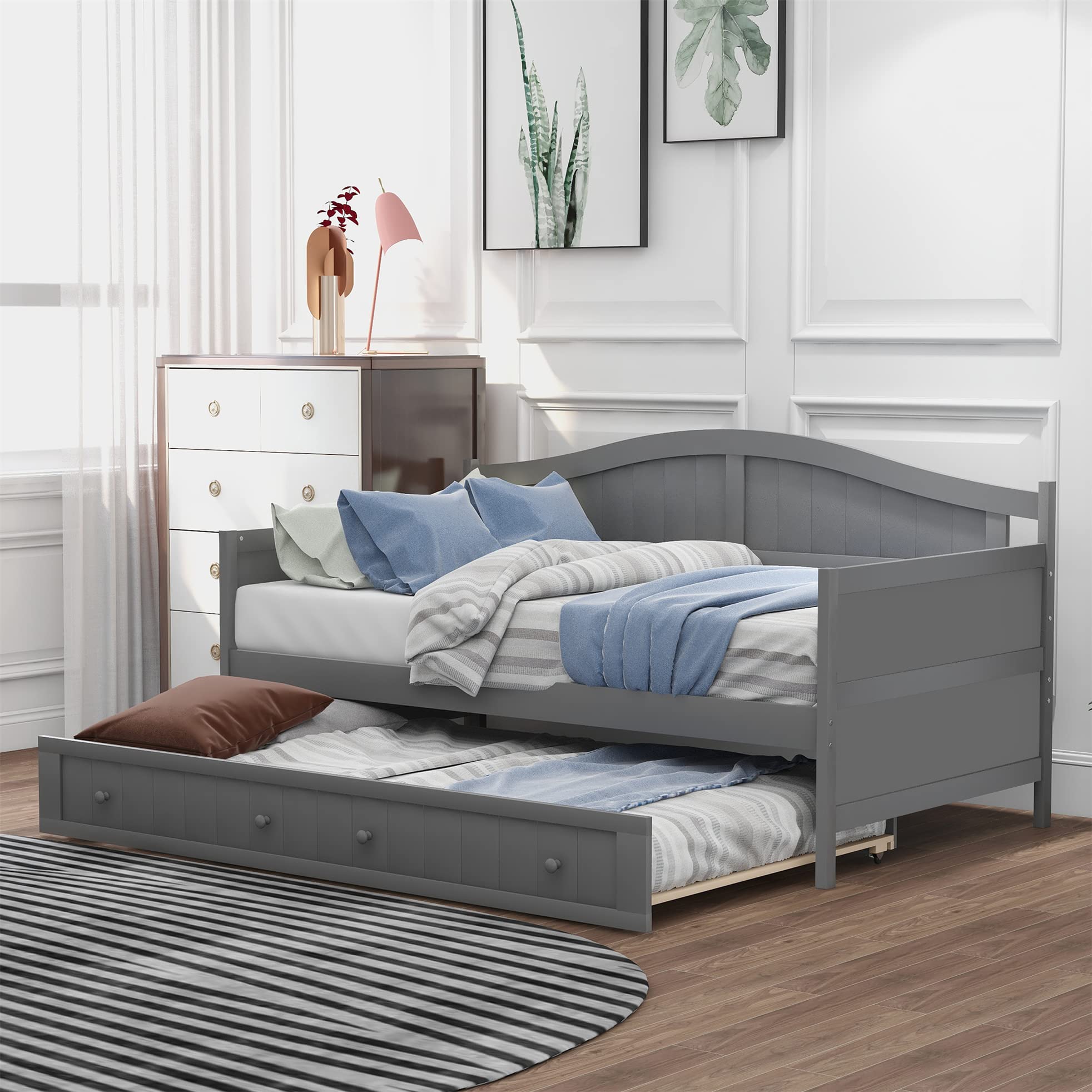 Harper & Bright  Designs Twin Daybed with Trundle Bed, Wood Twin Bed Sofa Bed Frame for Bedroom, Guest Room, Living Room (Twin, Grey) (BOX 2 OF 2 ONLY)