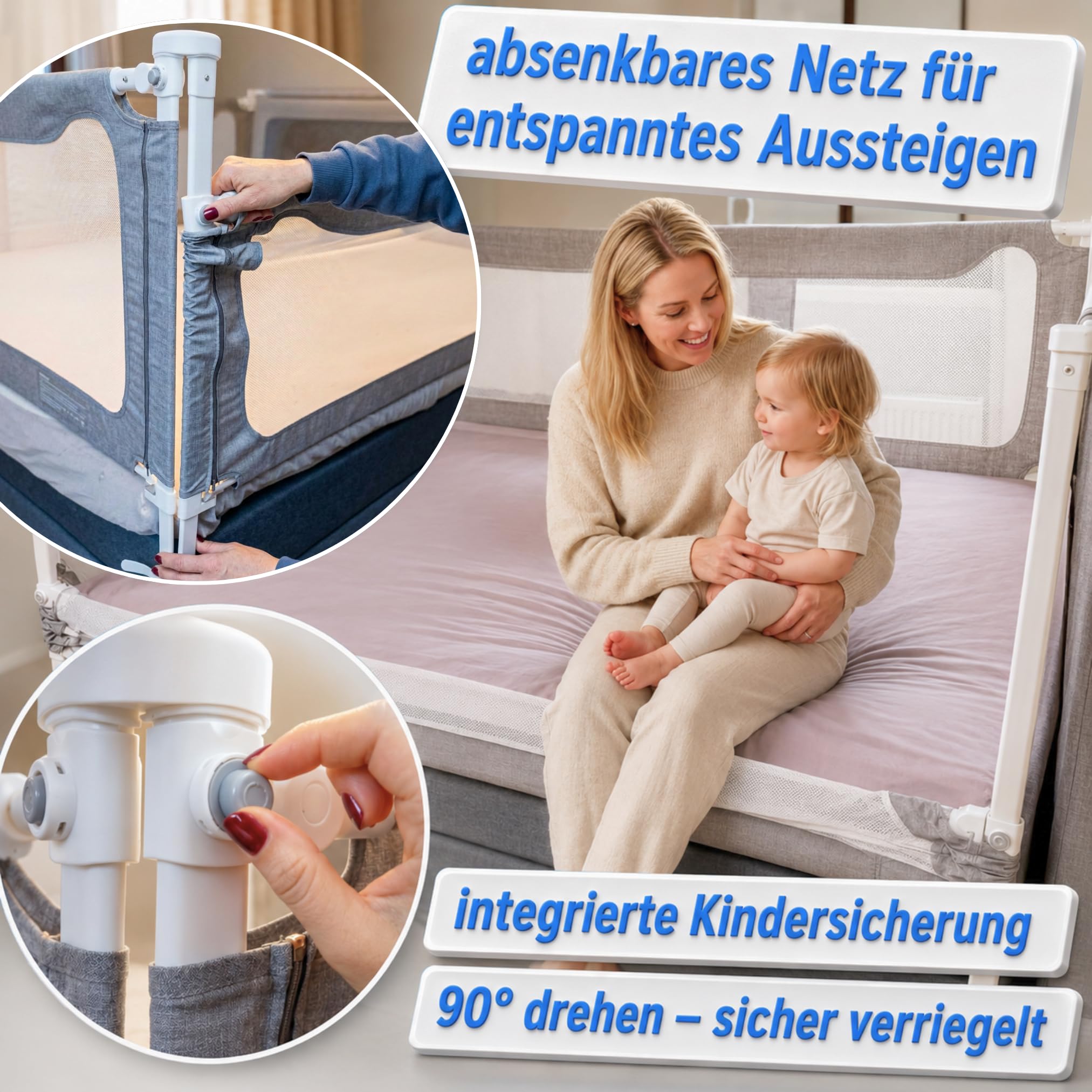 Rausfallschutz Boxspringbett Bettgitter Set 180x200cm 3er Set – zertifizierte Sicherheit für Kinder