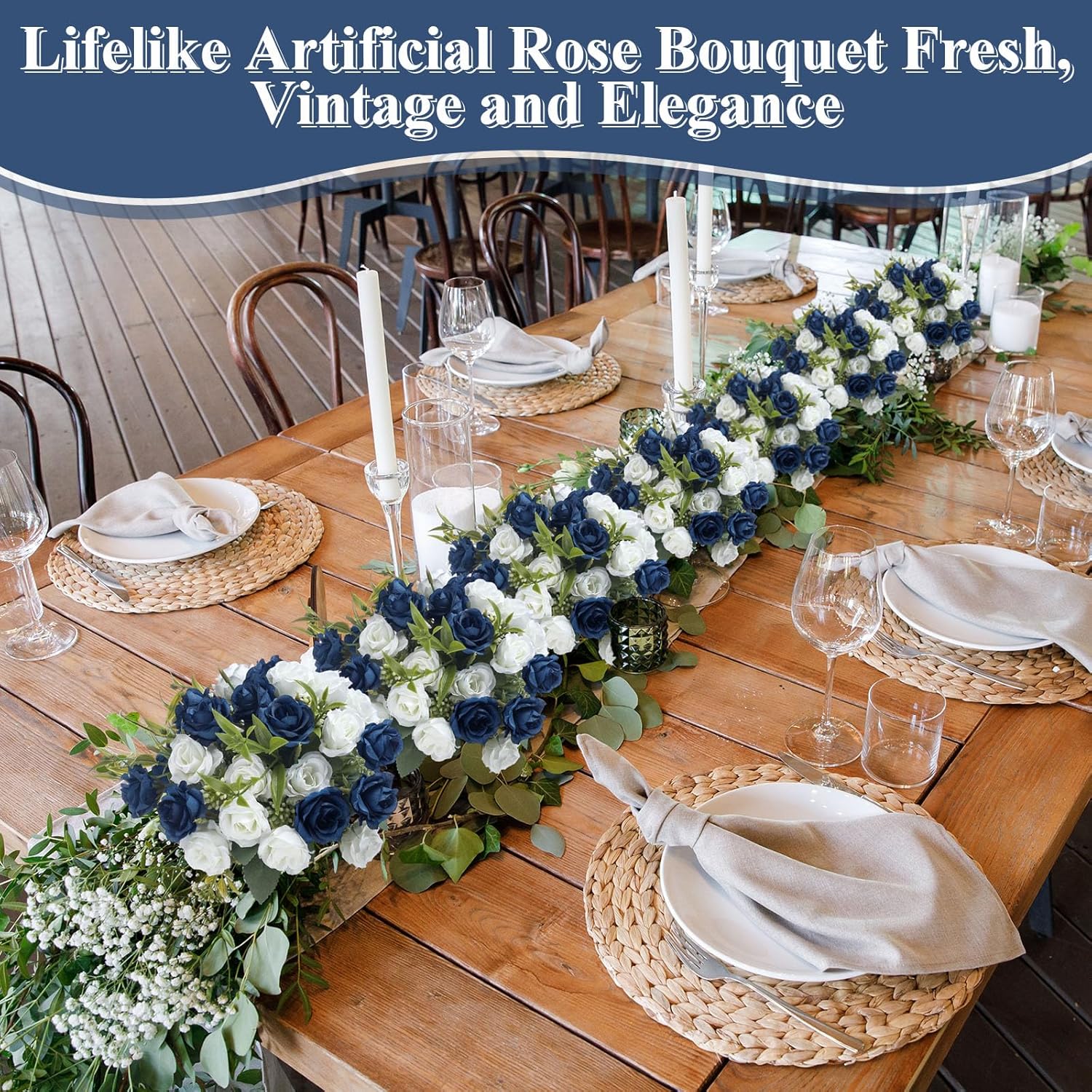 Zeyune 16 Bunches 12 Inch Artificial Mini Rose Bouquet 160 Heads Bridal Flower Bouquets Fake Silk Rose Bulk for Valentine's Day Wedding Bridal Shower Home Office Garden(Dark Blue and White)