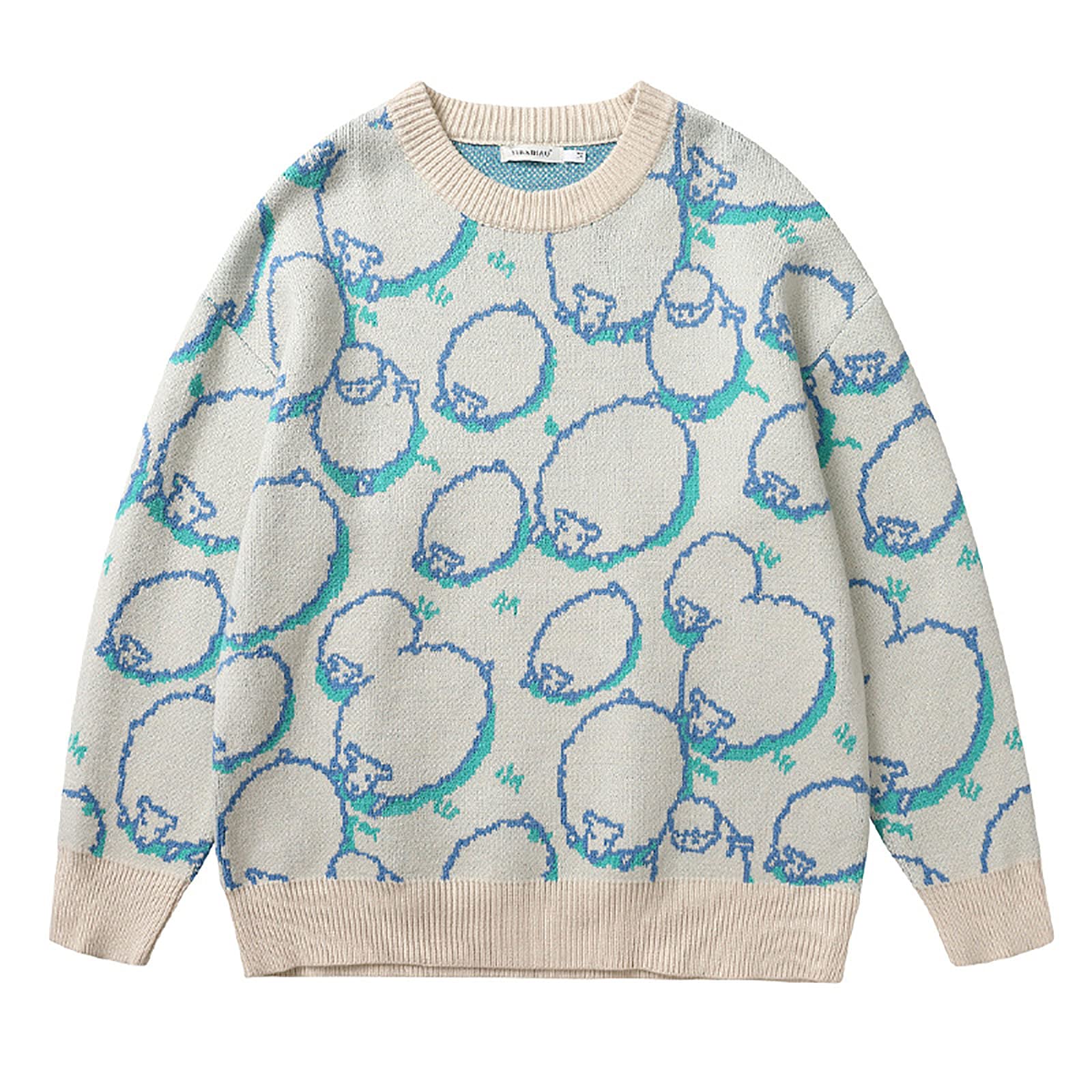 Męski sweter z okrągłym dekoltem uroczy mały owca nadruk koszula z długim rękawem pasująca dla par na co dzień dzianinowa bluza unisex