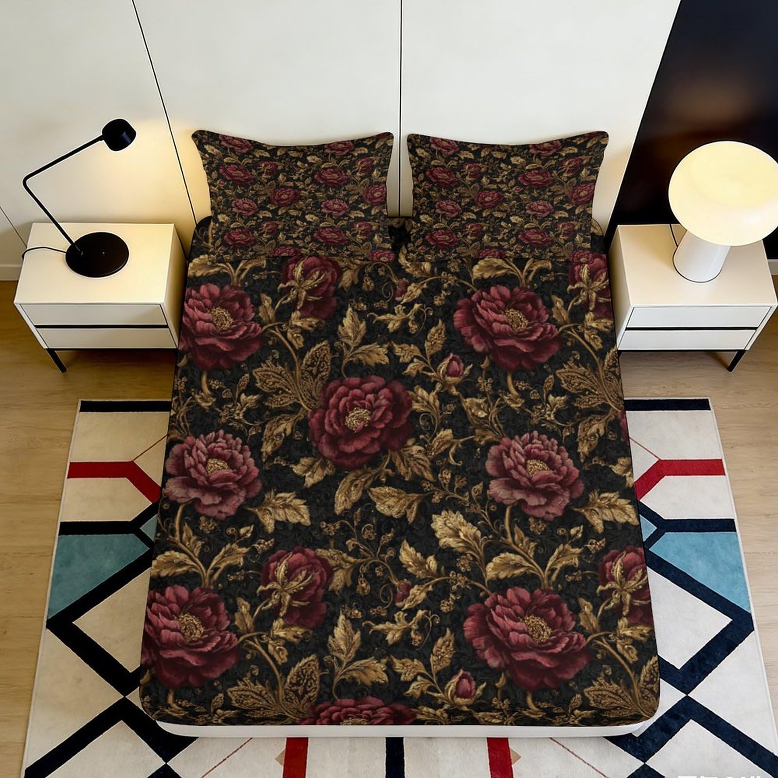 3D Printed Vintage Floral Fitted Sheet Microfiber Burgundy Peony Mattress Cover Anti-Slip Machine Washable Bed Decor 140x200x25cm