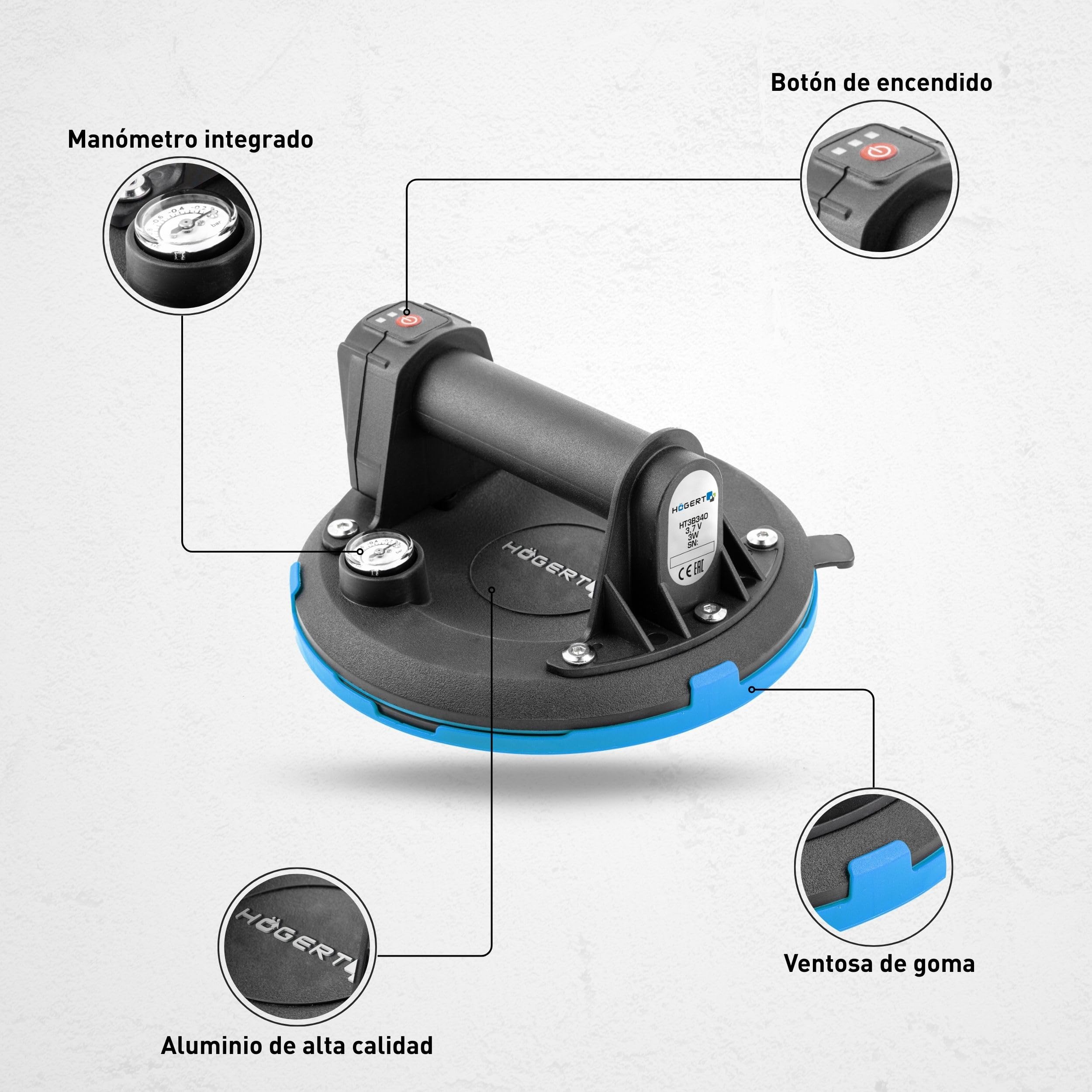 Högert Technik - Elevador de succión con batería de 200 mm con manómetro, aspirador de batería Heavy Duty Ventosa, carga: 150 kg, ventosa se utiliza al transportar cristales de ventana, objetos lisos