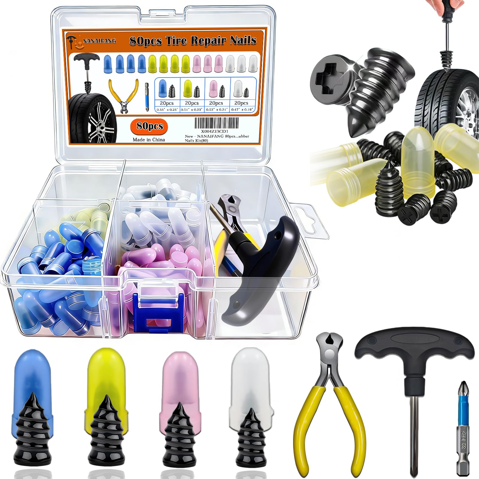 Kit de 60 clavos de goma para reparación de neumáticos con 4 tamaños, tapones de neumáticos, tipo tornillo, clavos de goma de reparación de neumáticos de vacío, tapones de reparación de neumáticos de