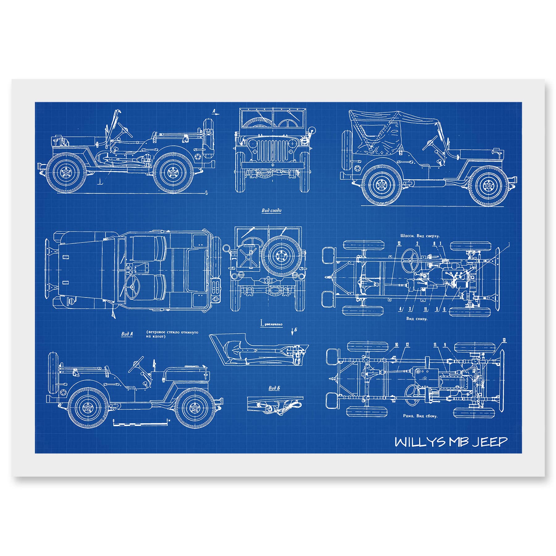 Artery8 Willys MB US Army Military Jeep Vehicle Blueprint Plan Artwork Framed Wall Art Print A4