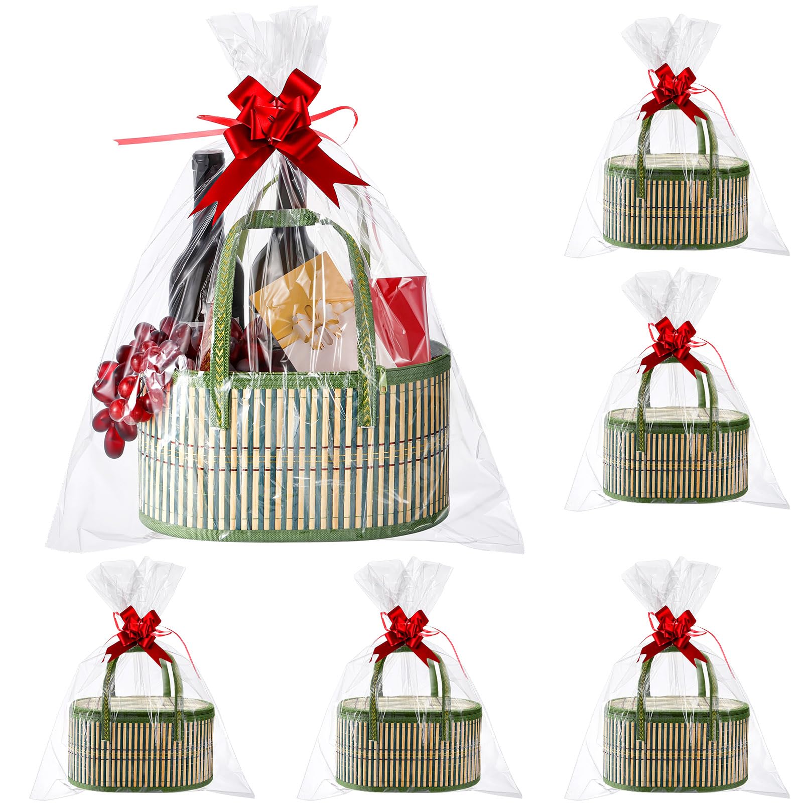 Tioncy Set di 6 cesti regalo vuoti grandi in bambù intrecciato, kit con manici, cesti in cellophane trasparente per baby shower, feste di compleanno, sacchetti regalo per biglietti (verde)