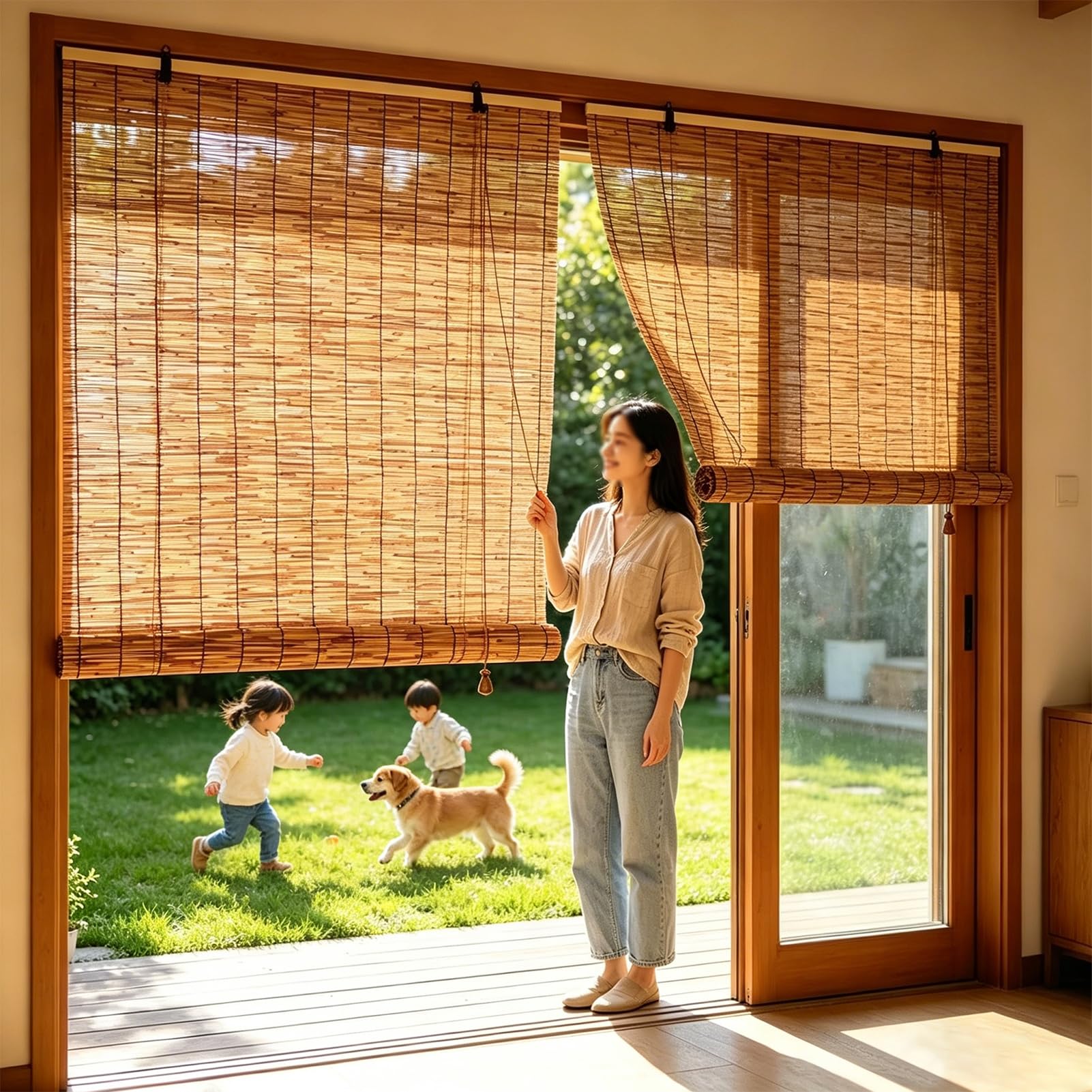 Retro Bamboo Roll Up, Outdoor Bamboo Roll up Shades, Privacy Natural Roman Roller Blinds with Lift, Carbonize bamboo roller blinds 40 80 90 125 170cm Easy Installation Window Dressing Customizable