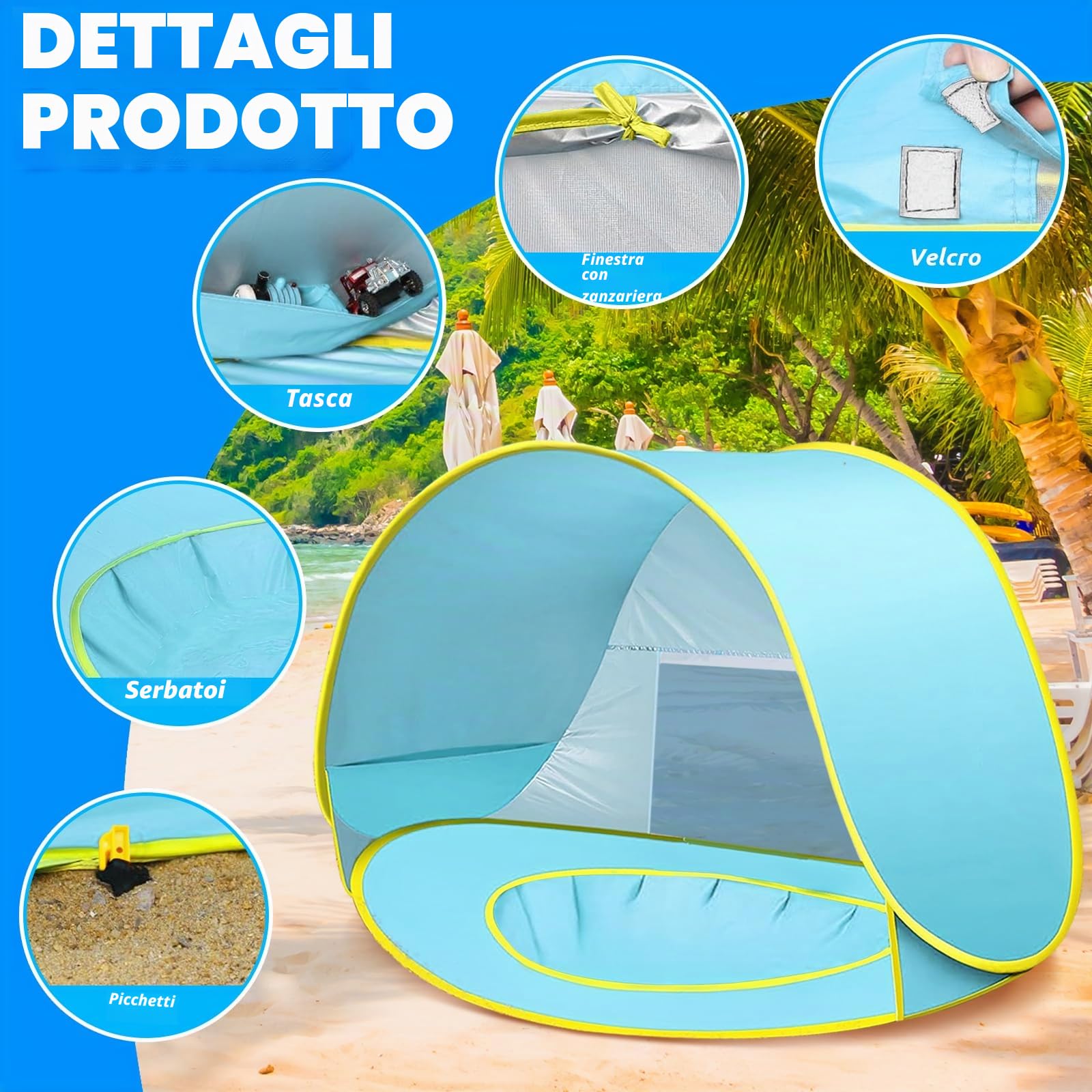 Tenda da Spiaggia Bambini, Tenda Istantanea Portatile, UPF 50+Tenda Spiaggia per 1-3 Persone, per Vacanza in Spiaggia Campeggio Viaggi - Blu