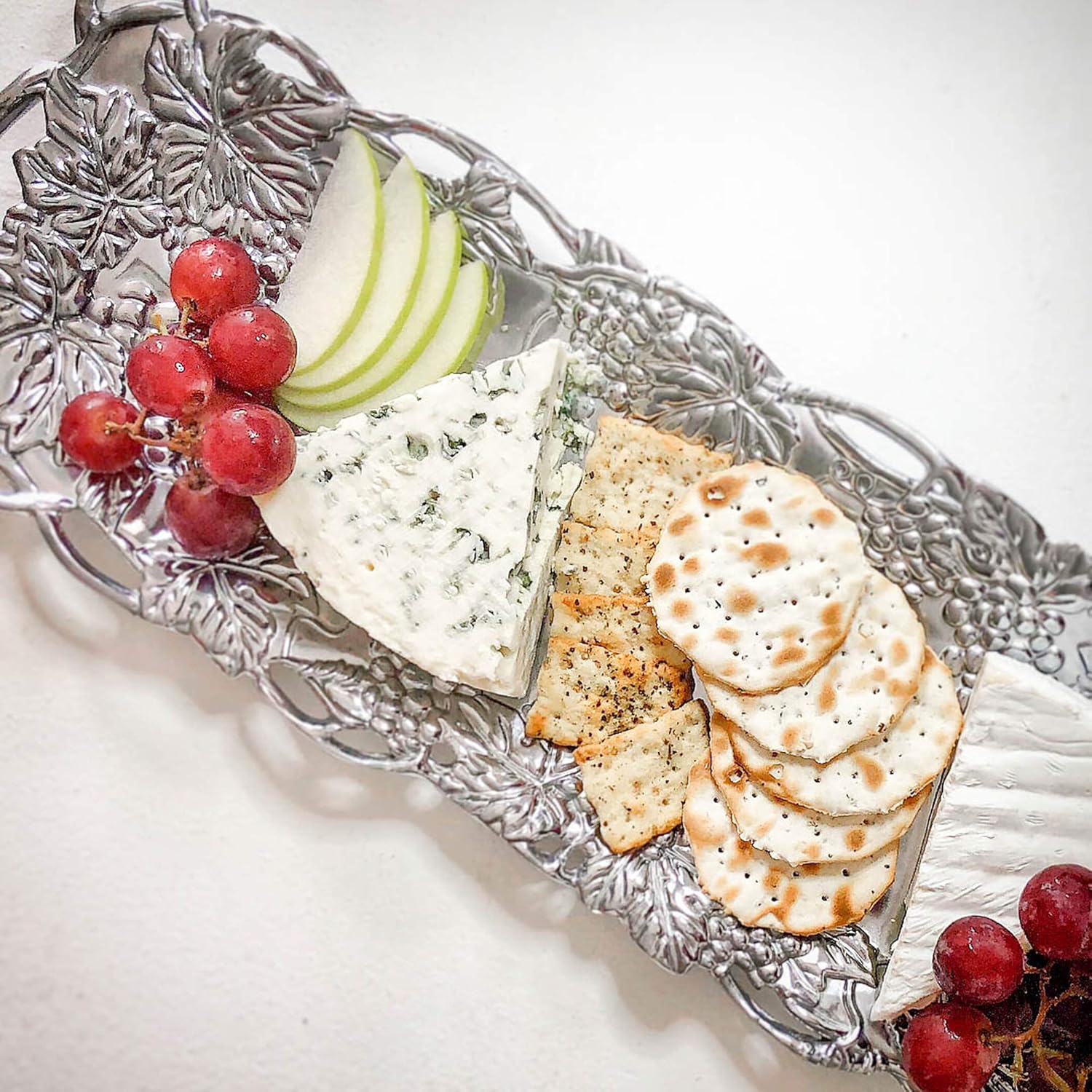 Elegant Mediterranean Polished Aluminum Oval Serving Tray with Grape Design