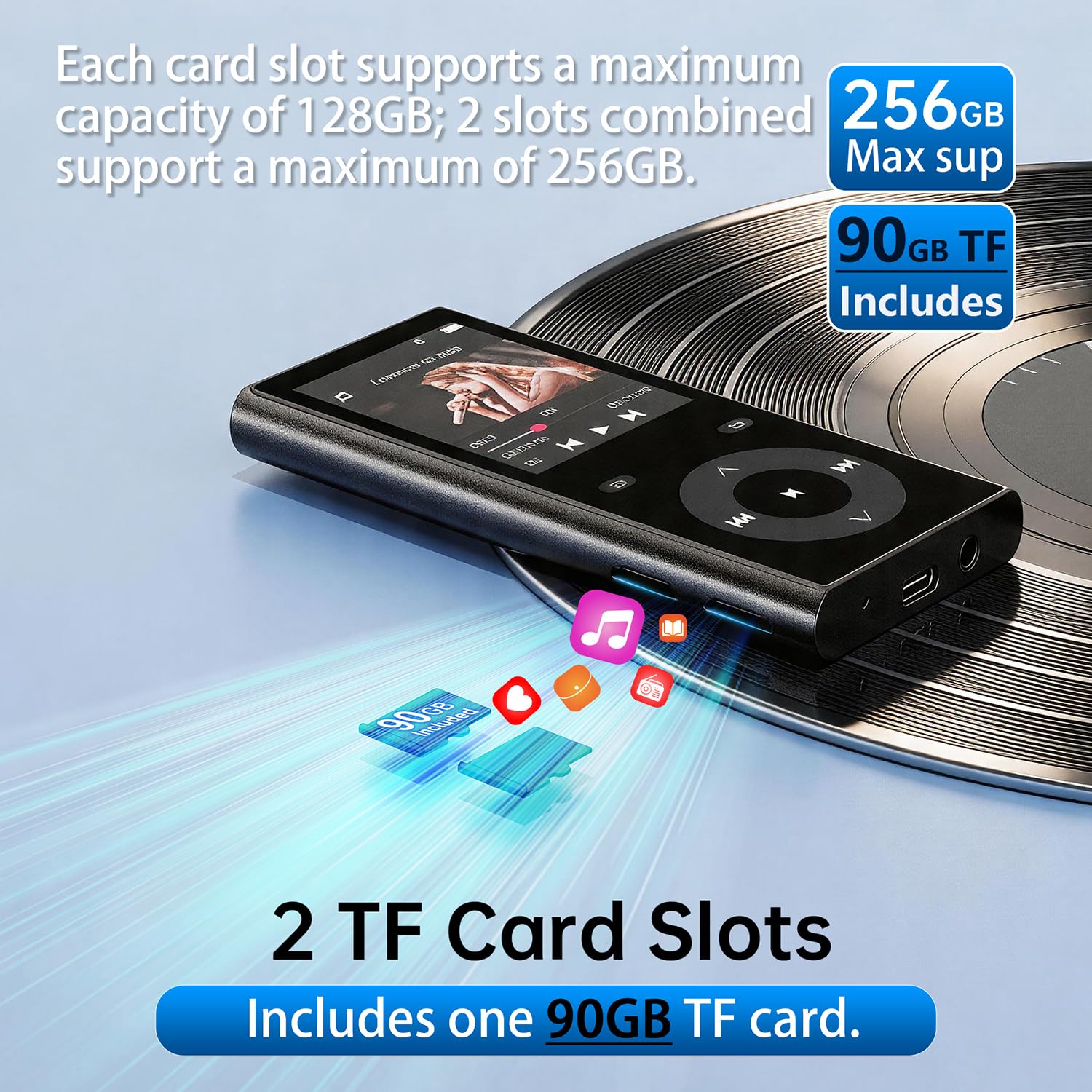 Lecteur MP3 Bluetooth 5.3, MP3 Player avec 2 Emplacements pour Cartes TF, Écran Couleur 2,4", Bouton Tactile, Haut-Parleur, Son HiFi, Jusqu'à 256 Go