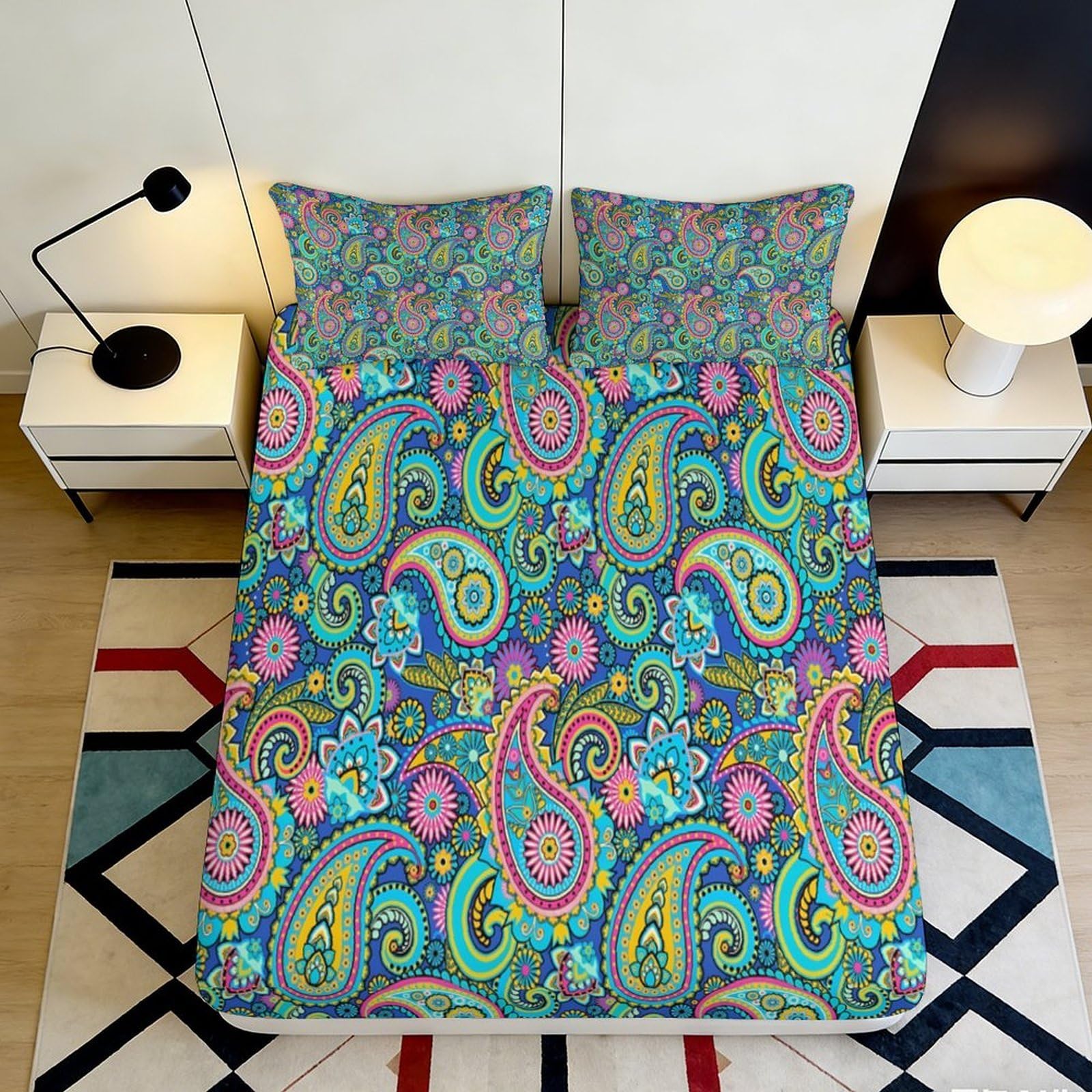Pnayamiorkfel Style-10 3D Printed Paisley Floral Fitted Sheet Microfiber Colourful Bed Cover For Bedroom Guest Room Dorm Mattress Protection Decor 90X200x25cm
