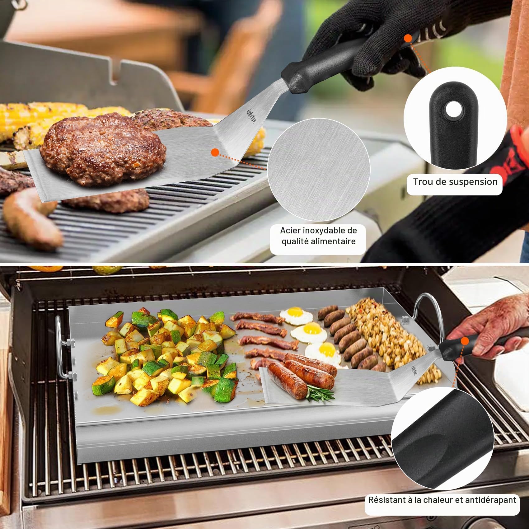 Onlyfire Plaque Plancha en Inox avec Spatules et 2 Éponges de Nettoyage, 50 x32 x7 cm, Plaque de Cuisson Universelle pour Barbecue, Rectangulaire, Poignée Amovible