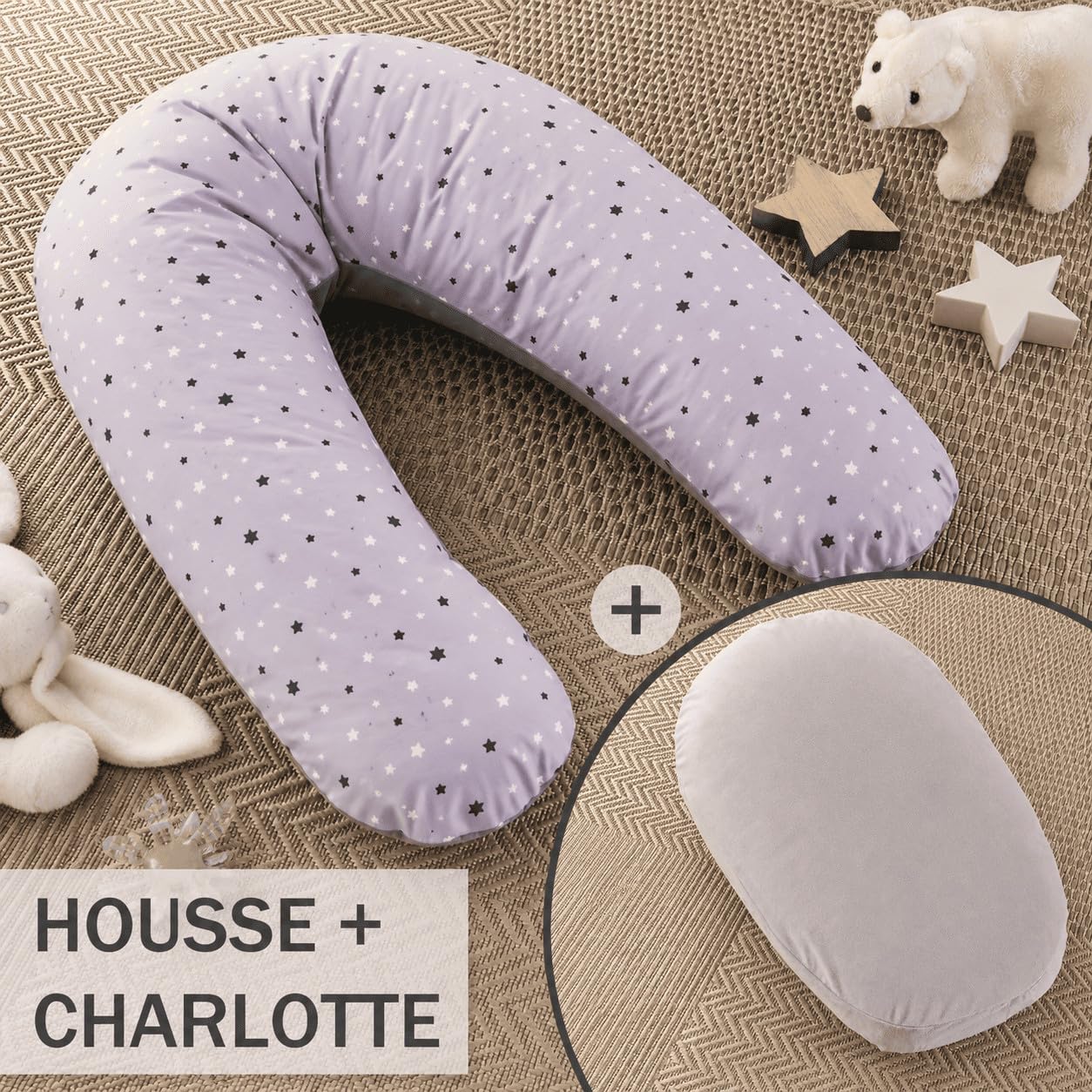 Babysom Pack Coussin de Maternité Évolutif 3 en 1 - Coussin d'allaitement + Housse Étoile Gris + Charlotte Polaire (Pouf Enfant) - XXL 170cm - Confort Grossesse & Allaitement - Certifié Oeko-Tex