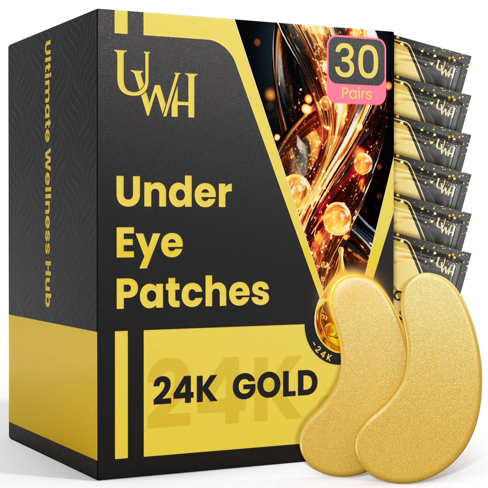 UWH 30P Under Eye Patches for Dark Circles and Puffy Eyes | Infused Gel Under 24K Gold Eye Masks for Skin Care of Puffiness & Eye Bags Treatment for