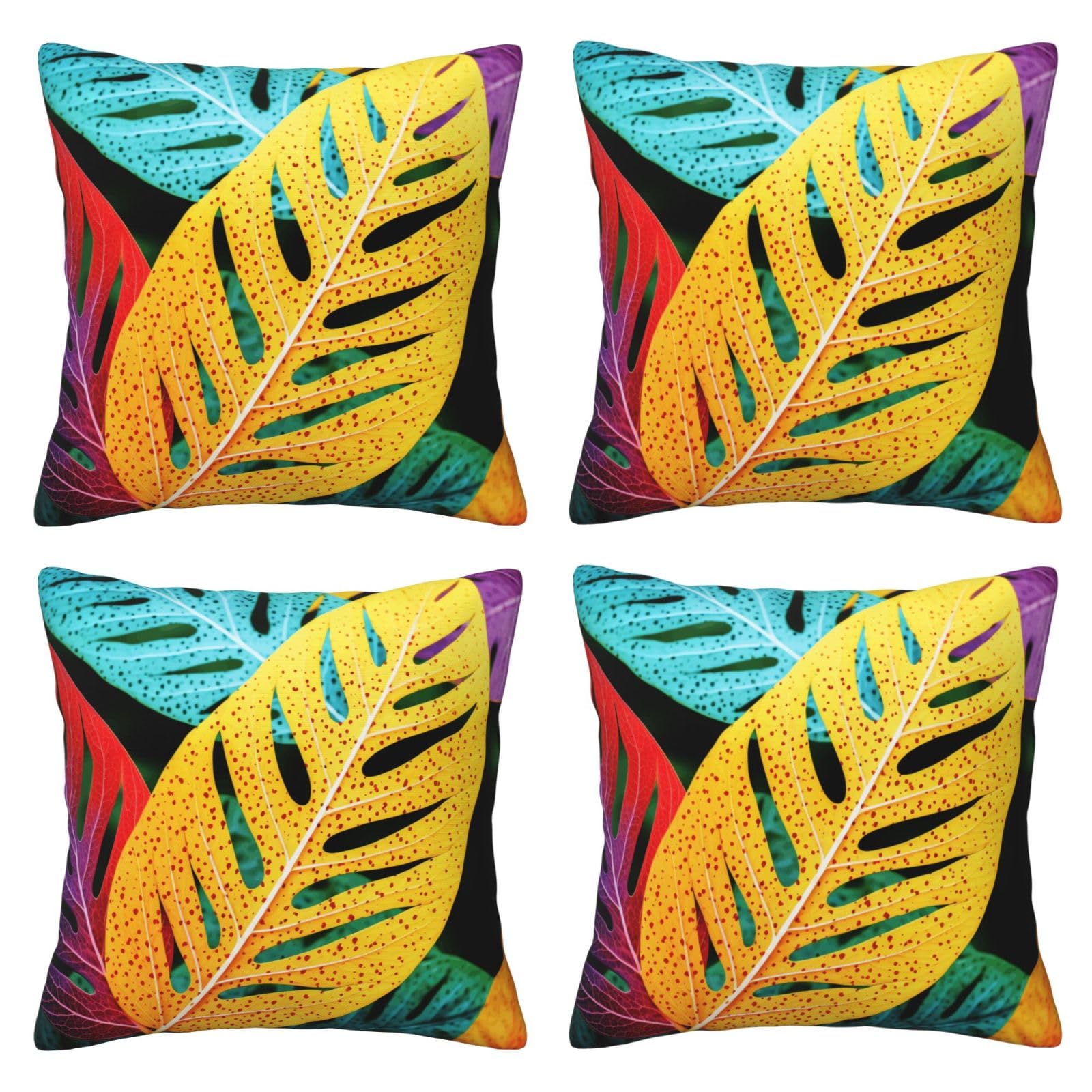 Colorful Leaf Throw Pillow Cases 4 Pack Square Pillowcases Super Soft Pillow Protectors With Zipper for Couch Livingroom Sofa Bed Office Car,50x50 CM