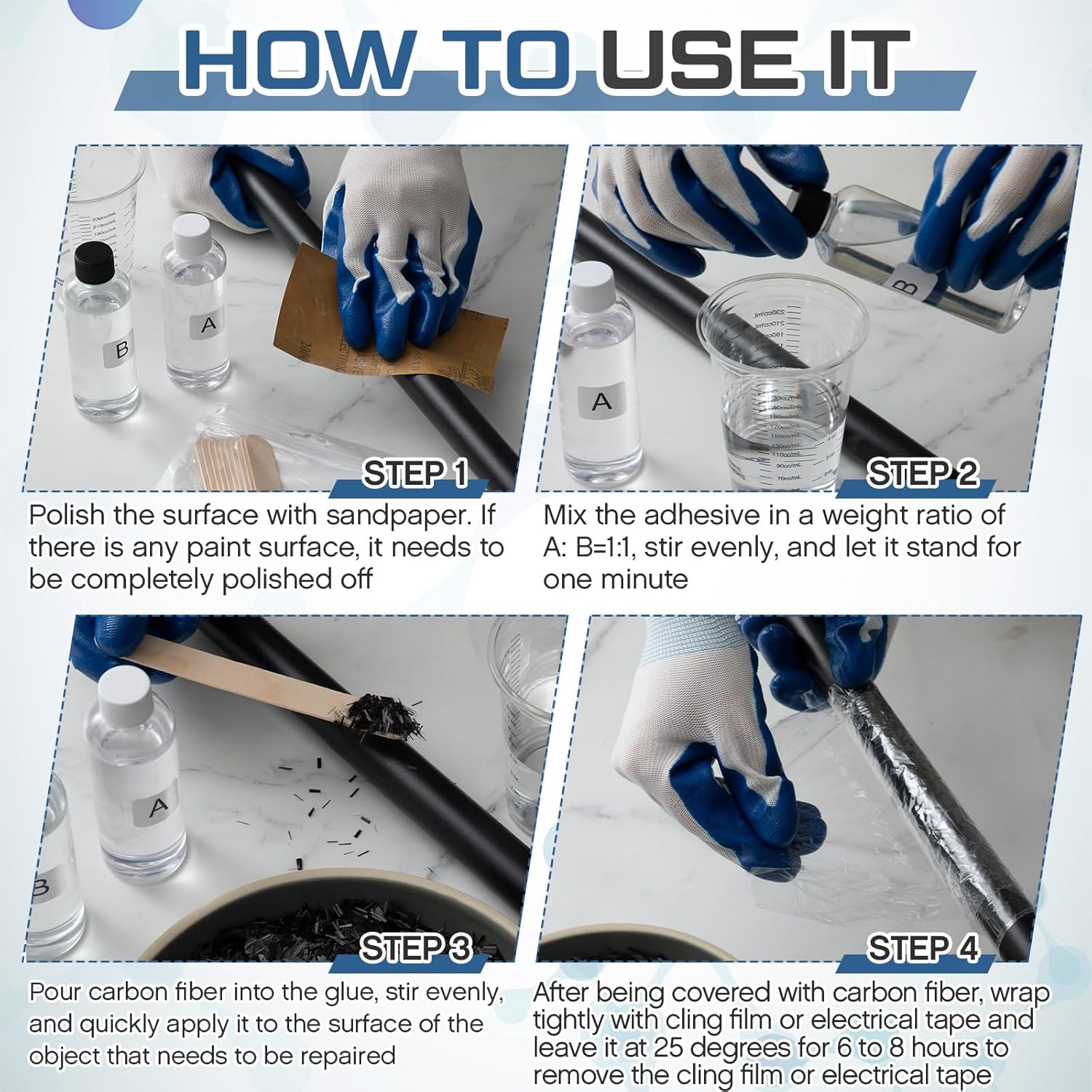 Chunful 15 Pcs Carbon Fiber Repair Kit with 1lb Chopped Fibers & 2-Part Epoxy(a&b) Cup, Rod, Gloves, Create High-Strength, Forged Carbon Look for Auto Parts, DIY Projects, Motorcycle, Boat Repairs