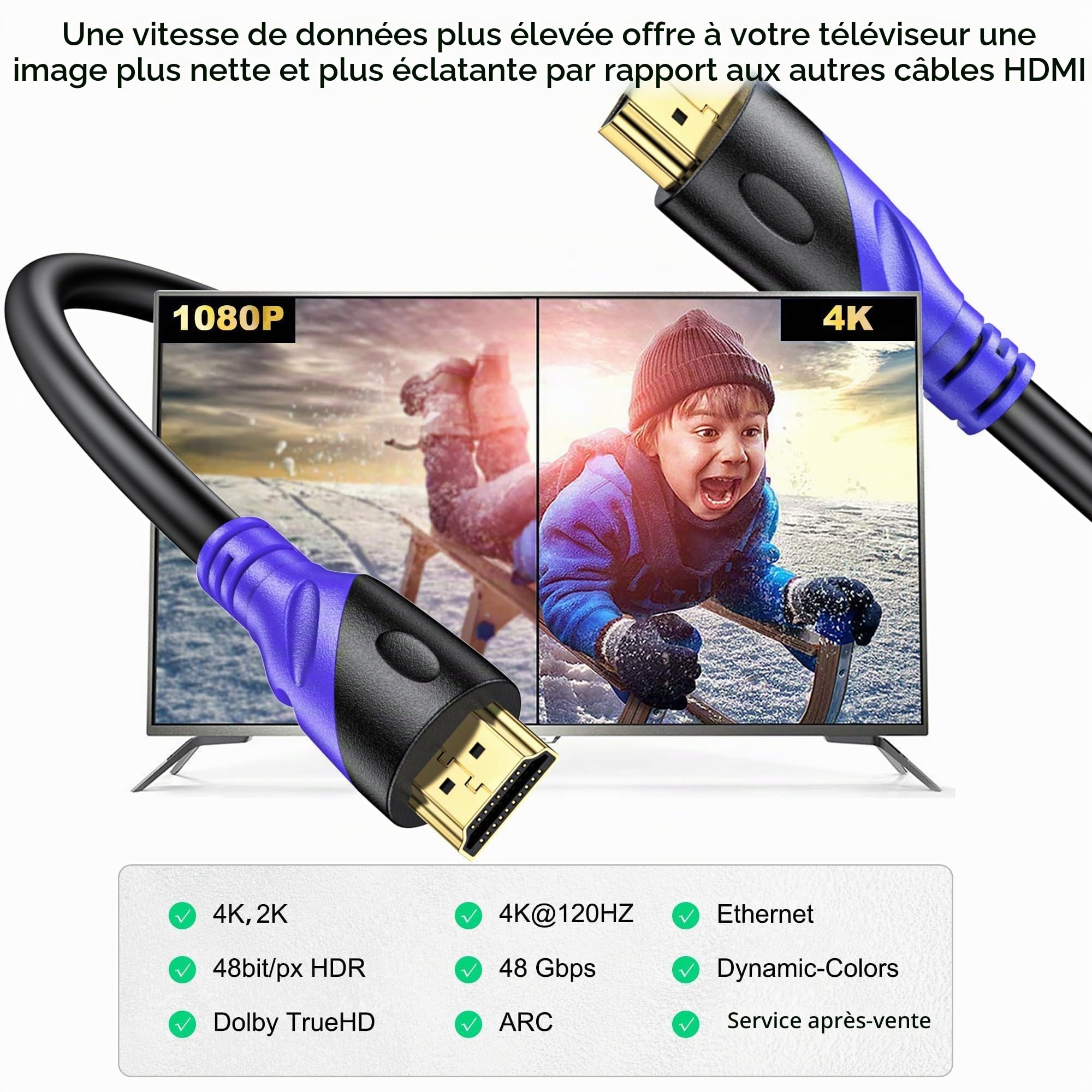 Câble HDMI 4K/60HZ 30m (HDMI 2.0, 18 Gbit/s) Connecteurs Plaqués or Ultra Haut Débit, Retour Audio Ethernet, Compatible avec Blu - Ray, Playstation, Ordinateur Portable, PS34/5, PC, HDTV