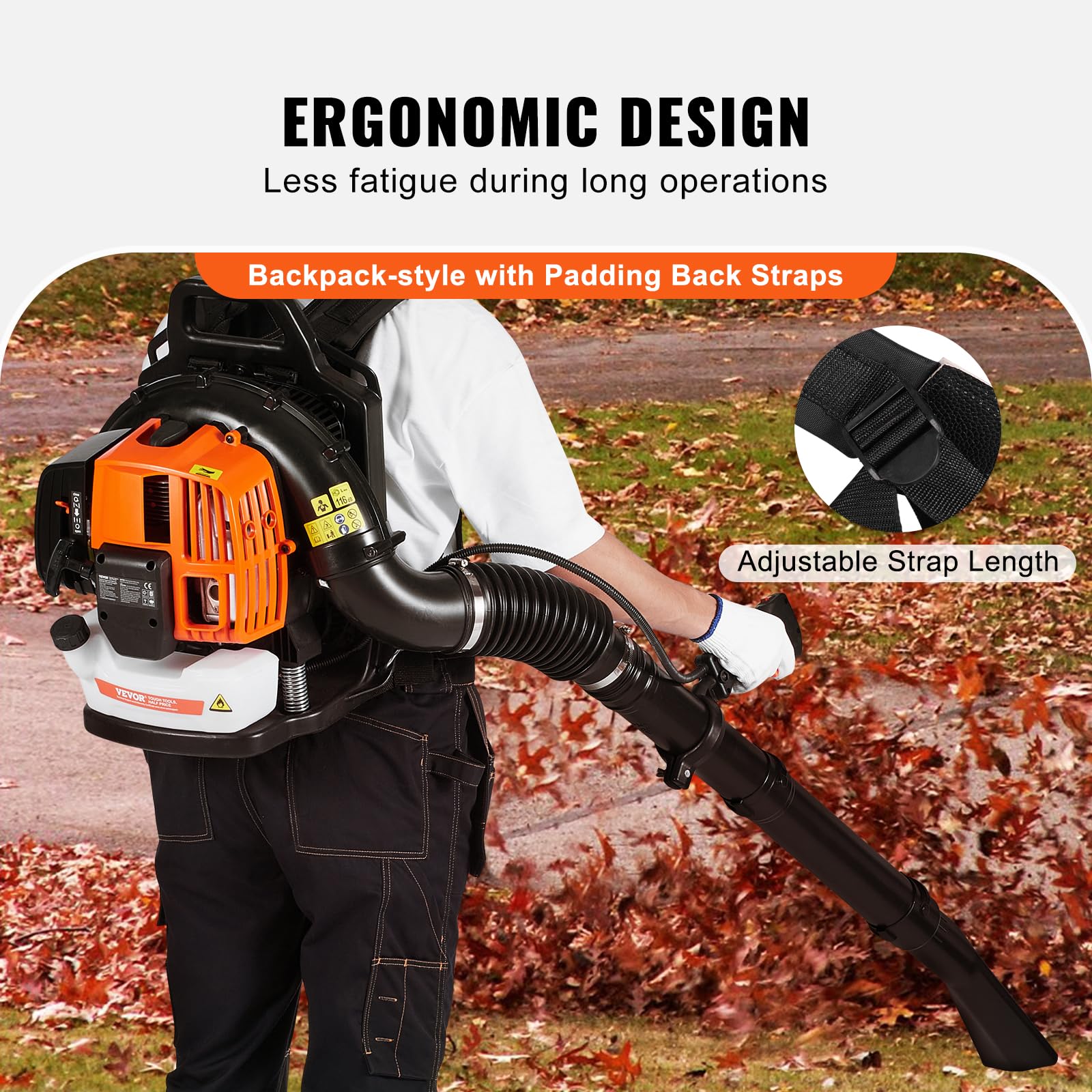 VEVOR Soffiatore per Foglie a Gas, Spazzaneve a Zaino a 2 Tempi 63CC, Serbatoio Carburante da 1,89 L, Volume d'Aria 1110 CFM per Cura del Prato, Pulizia delle Foglie, Rimozione Neve